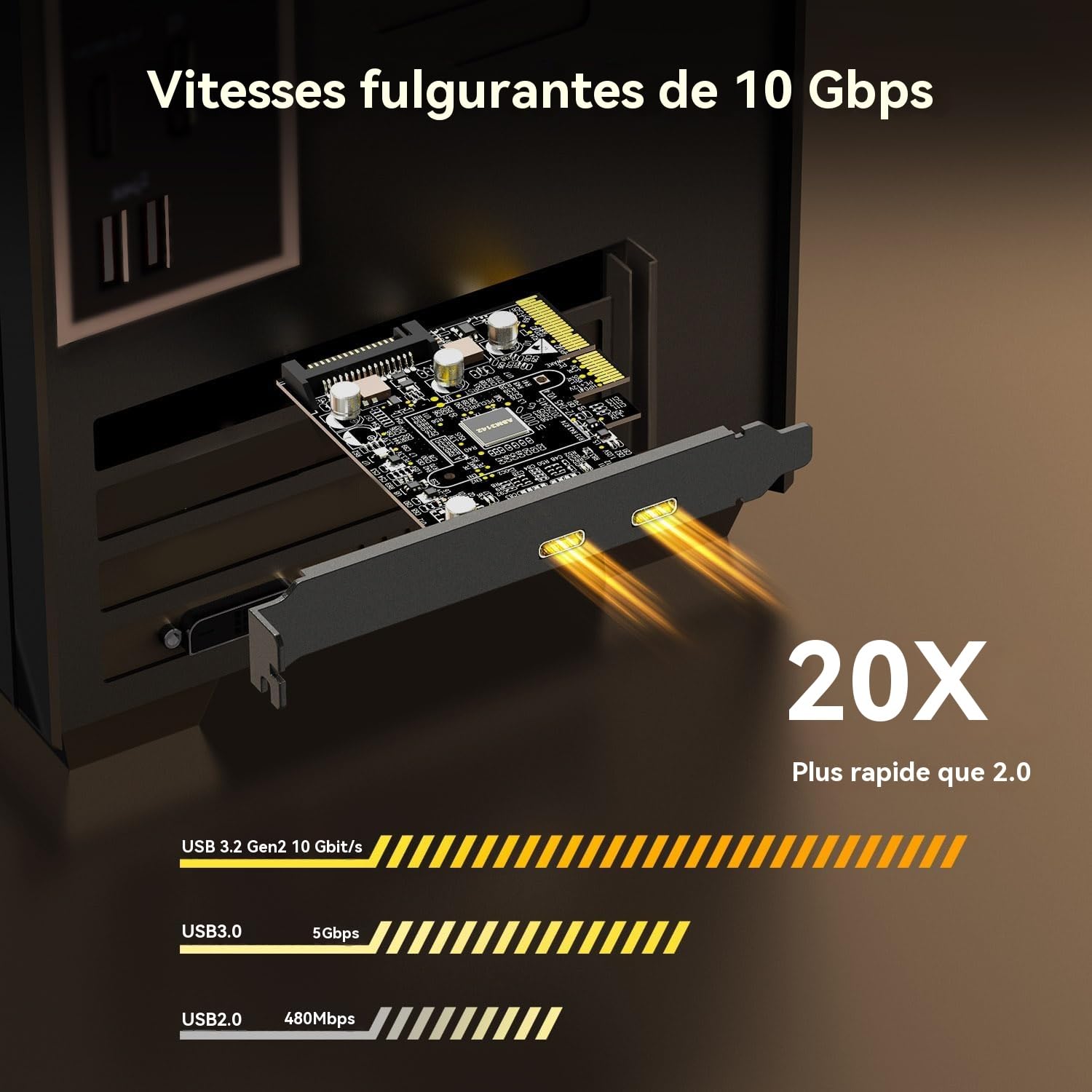 10Gbps Carte PCIE USB C 3.2 Gen 2, Carte d'Extension 2-Port PCle vers USB C, Adaptateur PCI Express 3.0 x4 pour PC de Bureau, Enceintes SSD, Stations de Travail, Sauvegarde de Fichiers, Données seulem