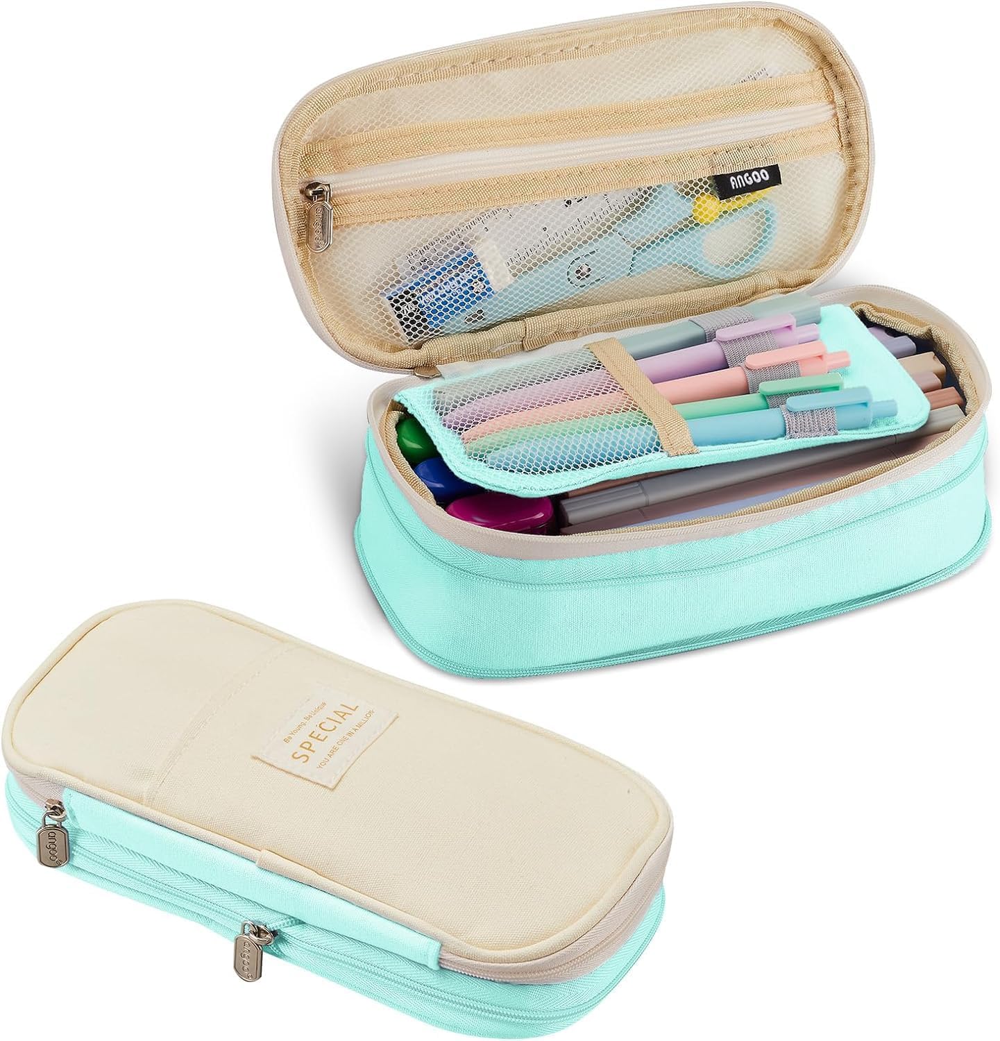 HR INTERNATIONAL Large Capacity Pencil Box for Girls & Boys, 3 Compartments Pen & Pencil Pouches, Aesthetic Stationery Pouch for School Kids College Students, Cute Stationary (Queen, Cyan)