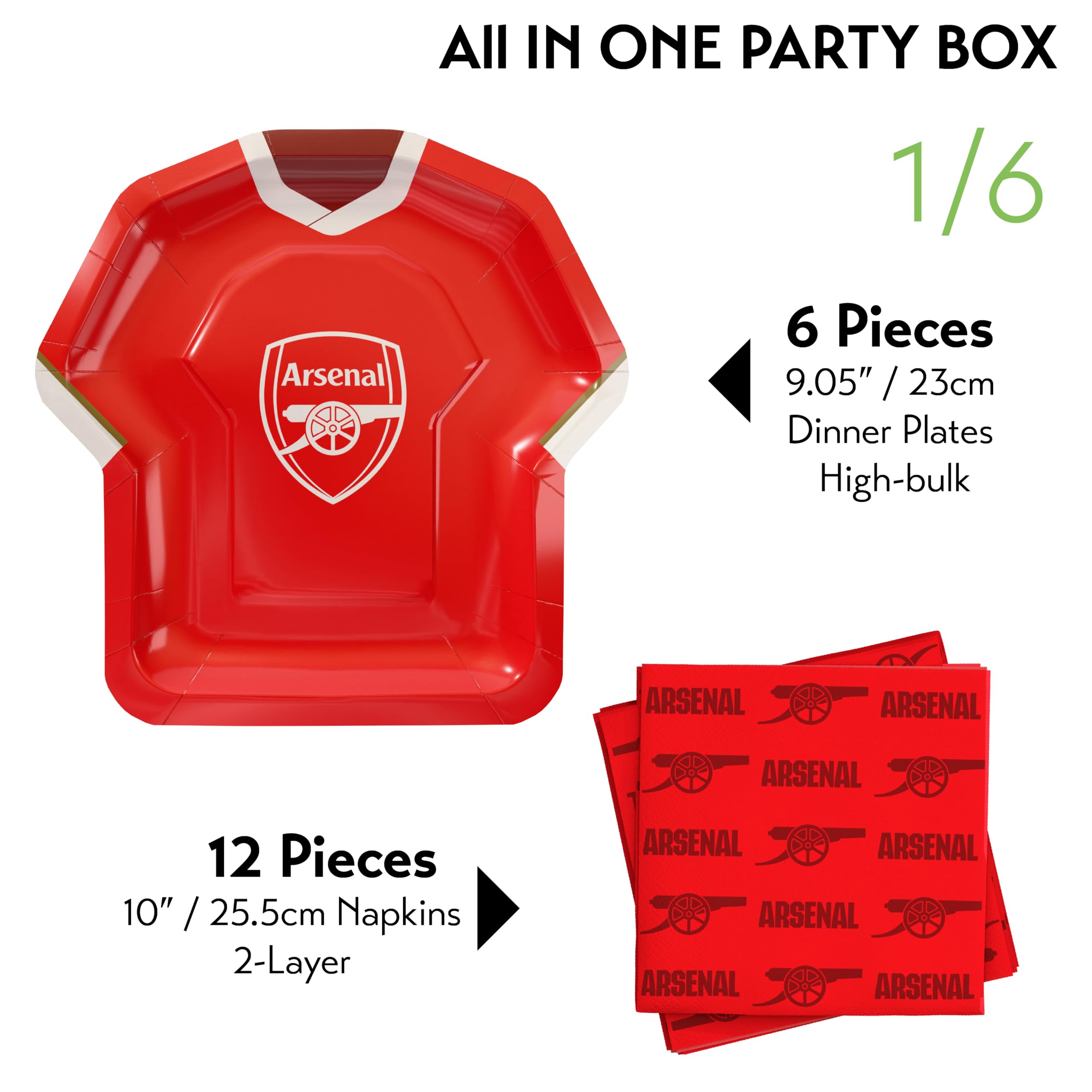 Arsenal FC Coffret de Fête Officiel 77 Pièces | Kit Tout-en-Un pour 6 Invités avec Vaisselle Jetable, Ballons Maillot, Décorations & Accessoires | Idéal Matchday & Anniversaire