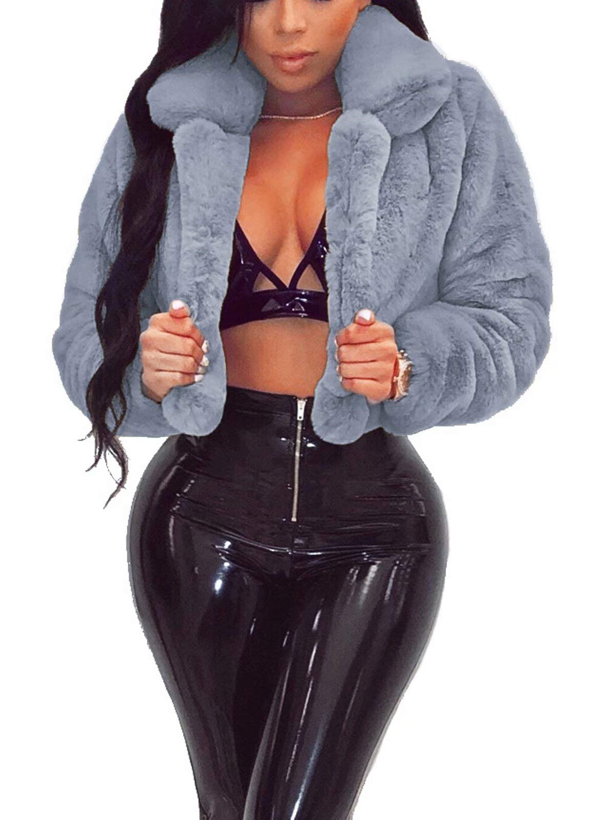 RAMOUG Women Faux Fur Jacket Crop Fuzzy Lapel Outerwear Coat