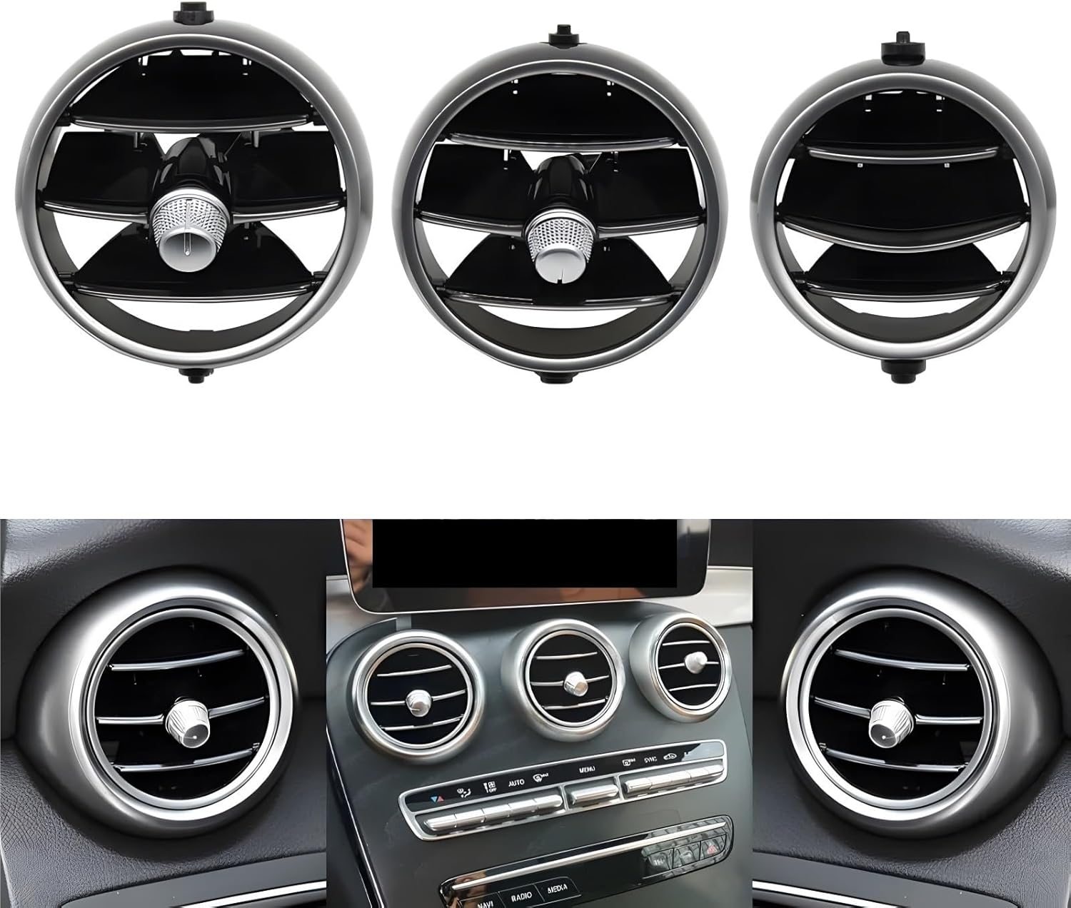 Car Air Conditioning Vent, Compatible With Benz C Class W205 CLC Class W253 2015-2021, Center A/C Dashboard(Silver center (2) 1PC)