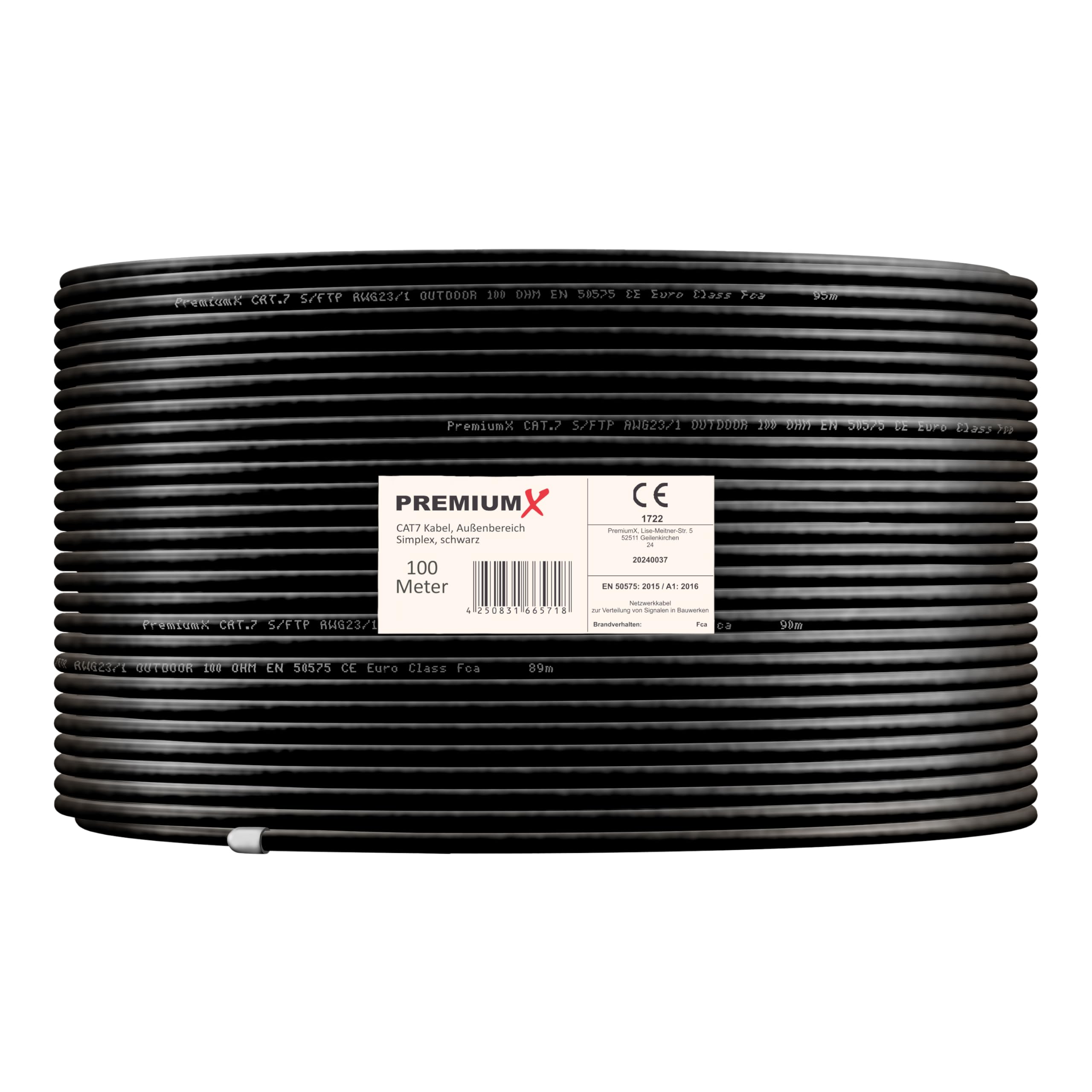 Premium X Câble réseau d'extérieur CAT 7 - 100 m - 10 Gbit/s - Câble de terre - Câble Ethernet LAN pour extérieur - S/FTP AWG23/1 - En cuivre pur - Noir
