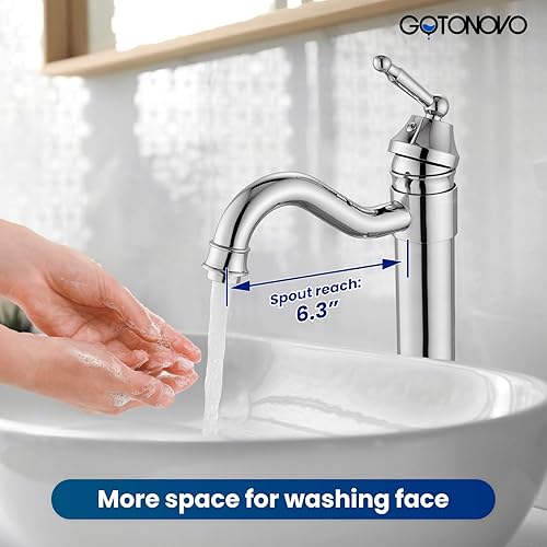 Miniatura 5 de gotonovo Grifos para lavabo de baño, cromo pulido, un solo mango, cuerpo alto, caño giratorio, acabado plateado, desagüe desplegable sin