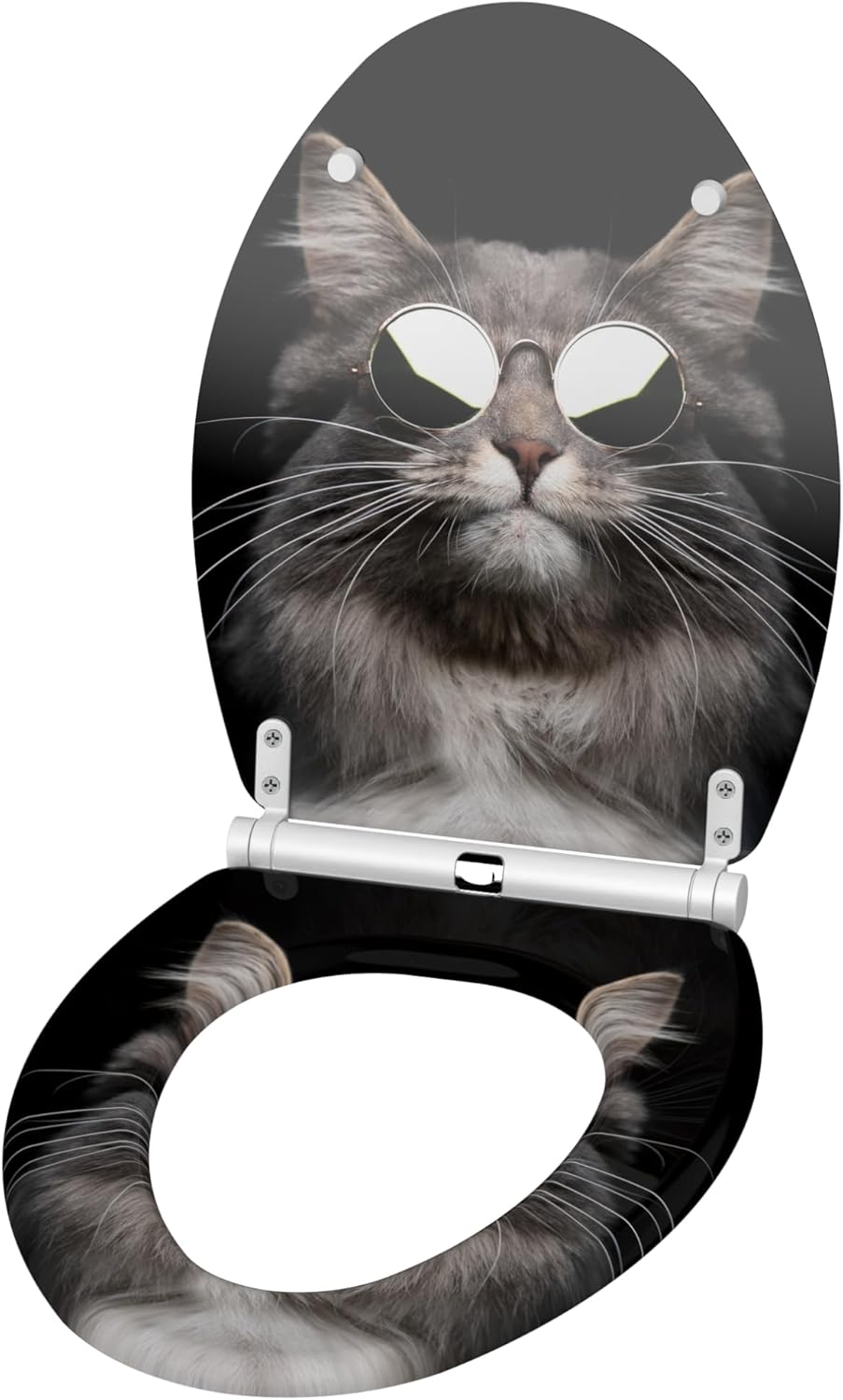 Sanilo Wooden Toilet Seat with Quick Release & Soft Close [ELONGATED] Decorative & Slow Close Molded Wood Seat - With One Click for Easy Installation & Cleaning - With Adjustable Fit (Cool Cat)
