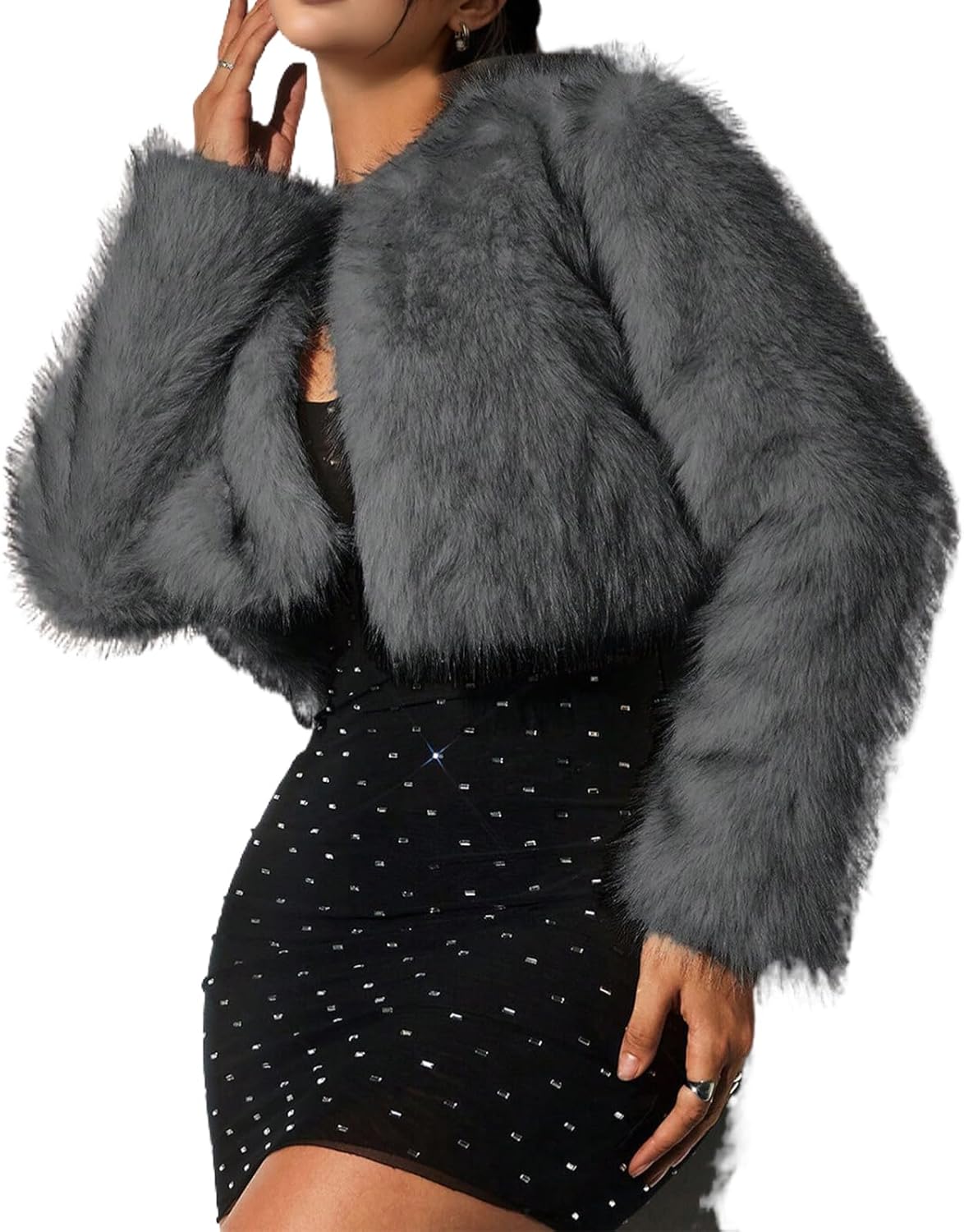 Women's Winter Faux Fur Jacket Long Sleeve Cropped Coat Fluffy Open Front Fashion Shaggy Outerwear Short Coat