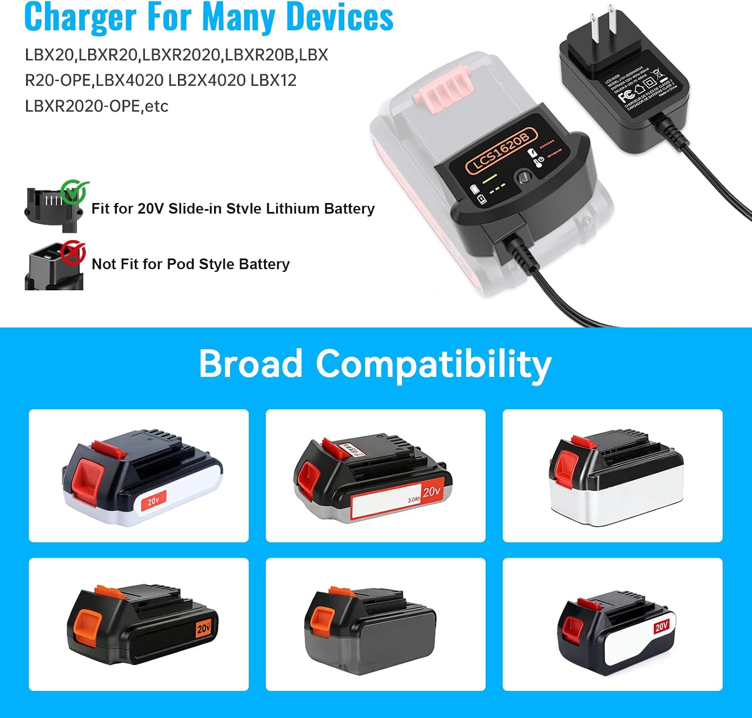 LCS1620B Replacement for Black and Decker 20V Charger, 20V Lithium Battery Charger Compatible with Black & Decker 12V 20V MAX Battery LBXR20 LBXR20-OPE LB20 LBX20 LBX4020 LB2X4020-OPE.