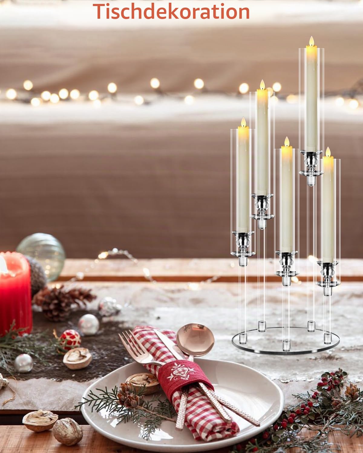 2 Stück MSDADA 5-armige Acryl Kerzenständer Set 58 cm Hoch, Transparente Kandelaber für Tischdeko Mittelstück, Hochzeitsdeko Weihnachtsdeko Kamin Deko, für LED Kerzen 2 cm