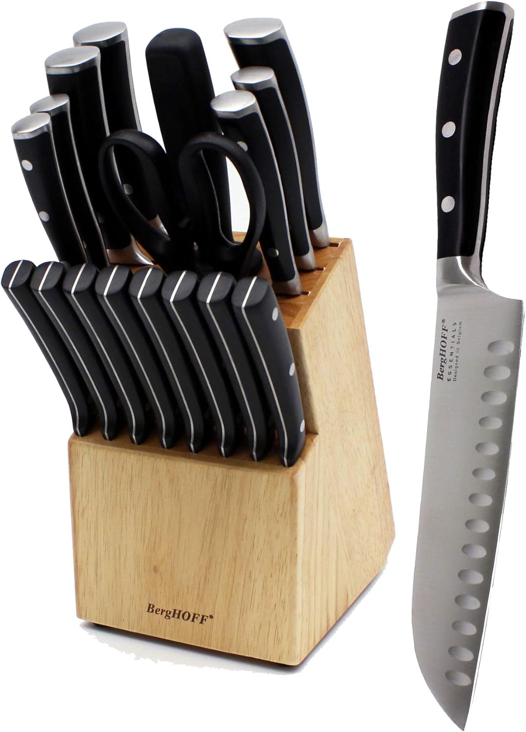 BergHOFF Essentials 16Pc Hand-sharpened Kitchen Knife Set & Wood Dowel Block Triple Rivets Non-Slip Base Ergonomically Designed Handle Satin finish