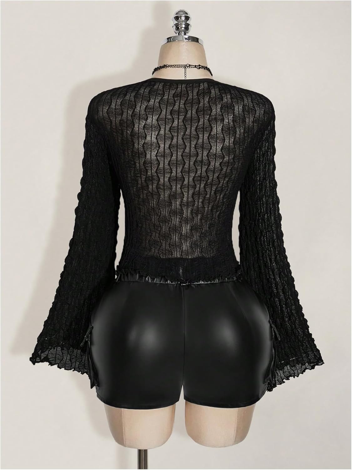 Women's Plus Size Sheer Mesh T Shirt Y2k Bell Long Sleeve Asymmetrical Fitted Going Out Tops - Image 4