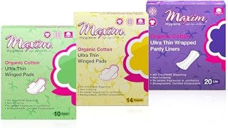 Maxim Organic Pads for Women Combo Pack, Regular Ultra Thin Winged Daytime Pads, Super Ultra Thin Nighttime Winged Pads, Ultra Thin Panty Liners, Pads for Women Overnight Period Pads