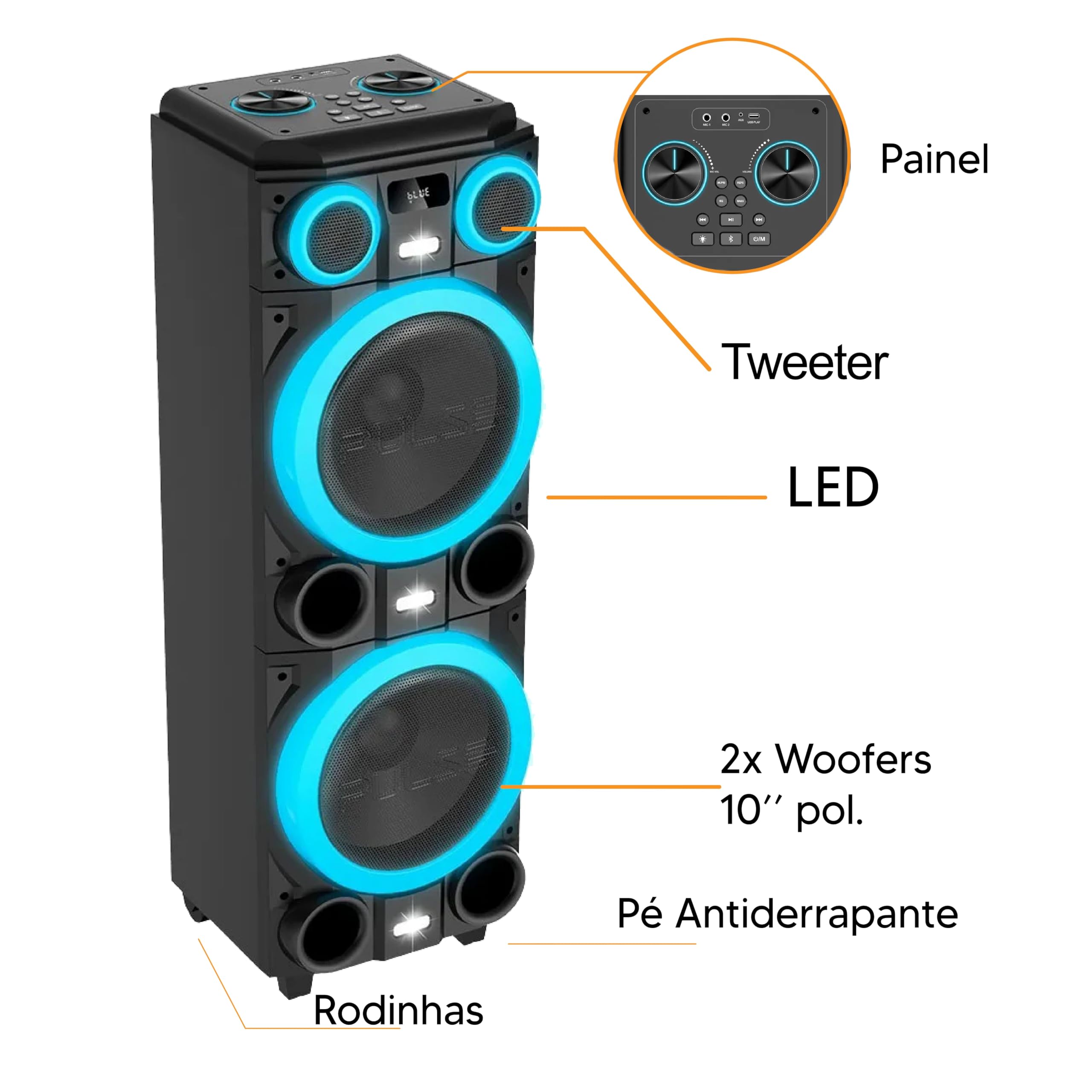 Caixa de Som Torre Pulse SP518 Double 10 TWS Bluetooth 2000W - 2