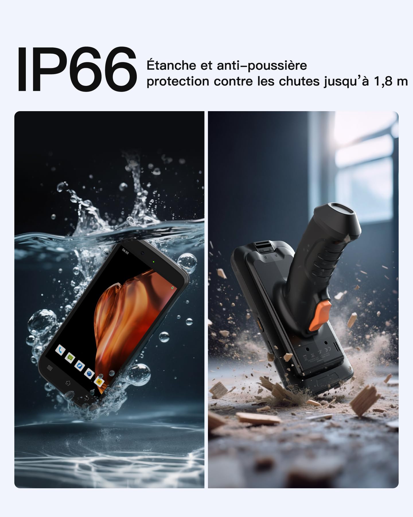 Inateck Android 12 Lecteur de Code-Barres, PDA Mobile, Écran Tactile 6", Scanner Zebra SE4710 1D/2D/QR, avec Poignée, Bluetooth, IP66 6500mAh, Wi-FI 6 & 4G, pour Commerce, Entrepôt, Logistique, AS501S