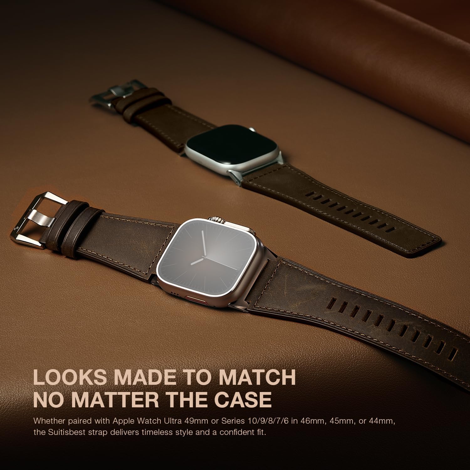 Suitisbest Leather Bands Compatible for Apple Watch Ultra Band 49mm 46mm 45mm 44mm 42mm, Genuine Calfskin Leather Replacement Strap Fits Men iWatch Series 11 10 9 8 7 6 5 4 3, SE 3 2 1, Ultra 3 2 1 - Image 5