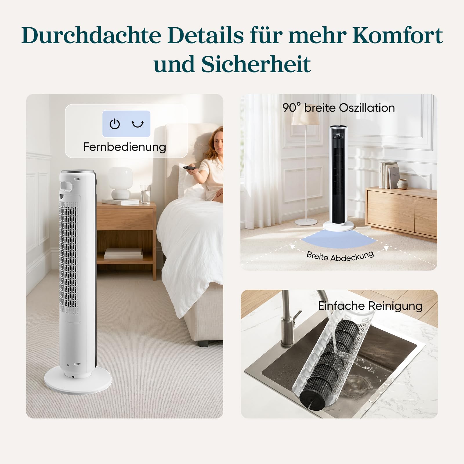 Levoit Tower Fan 92 cm 24W DC Motor 7,9m/s 20dB leiser Ventilator 4 Modi 12 Stufen 12 Std Timer Fernbedienung