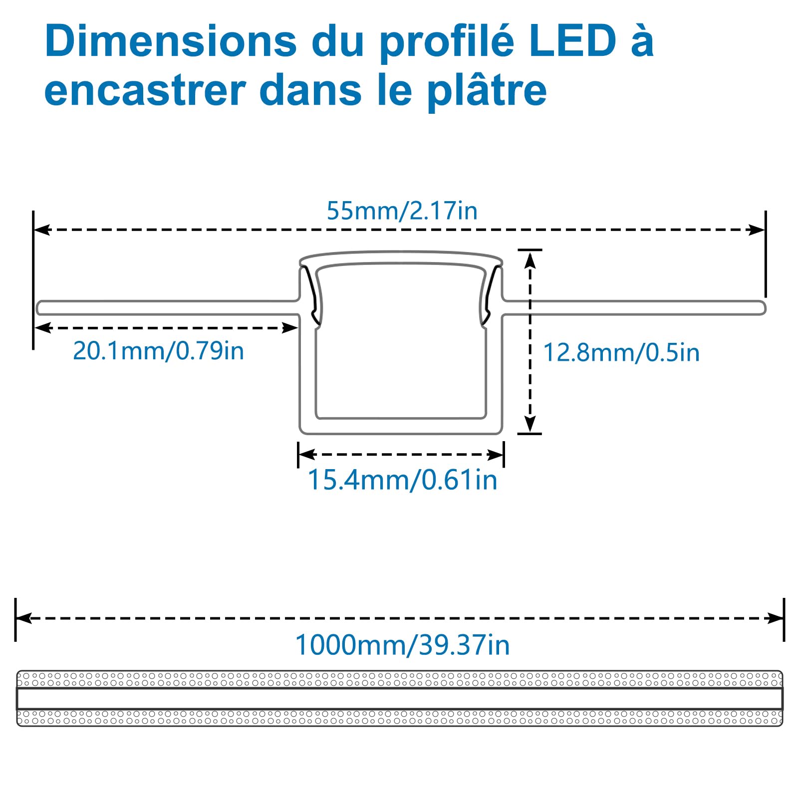 inShareplus Lot de 6 Profilés LED Encastrables 1 m, Profilés en Aluminium avec Diffuseur Laiteux pour Ruban LED, Kit de Profilés LED pour Cloison Sèche, Mur et Meuble, Installation Sans Bord Visible