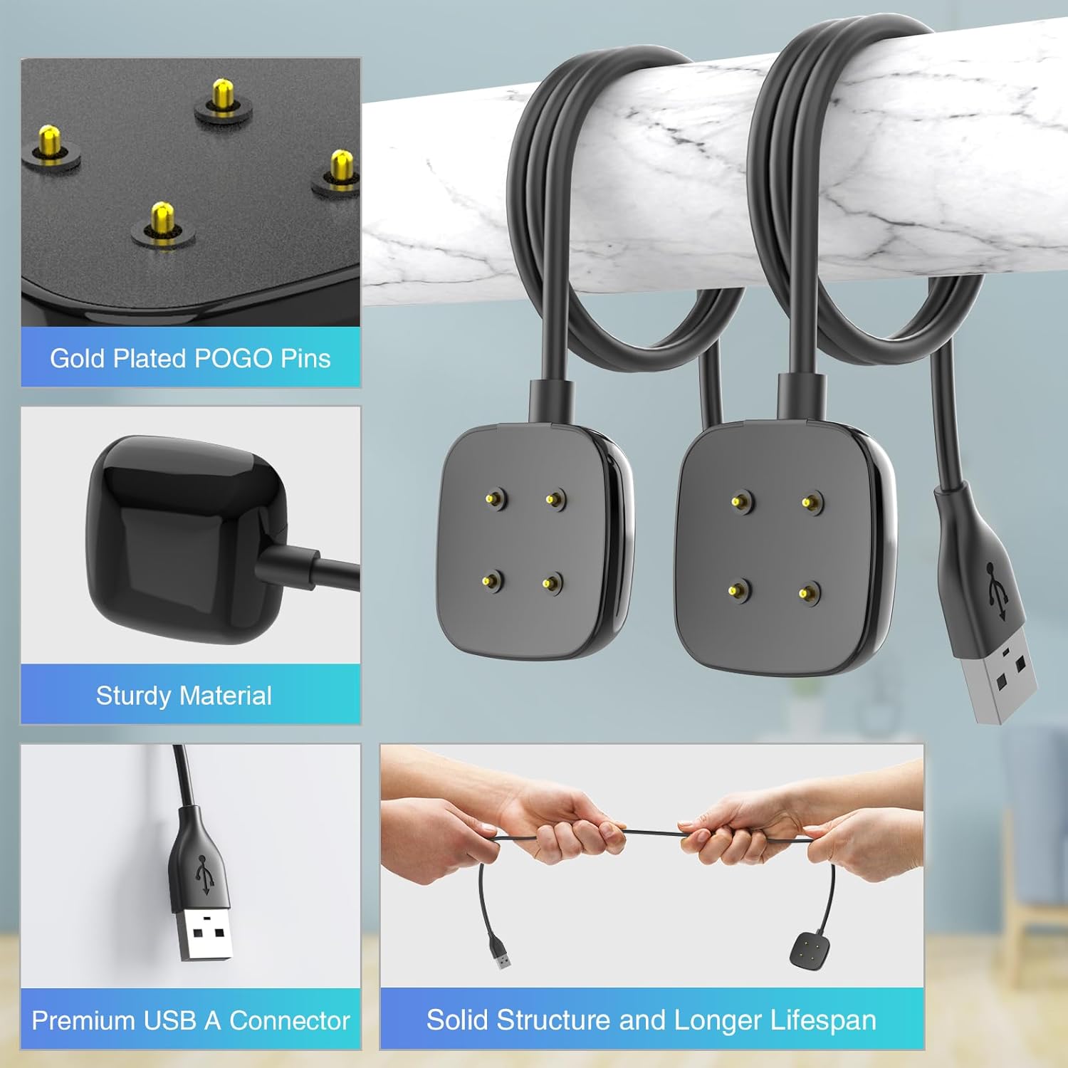 Compatible with Fitbit Sense/Versa 3 2 Pack Replacement USB Charging Cable Dock Stand for Sense/Versa 3 Accessories