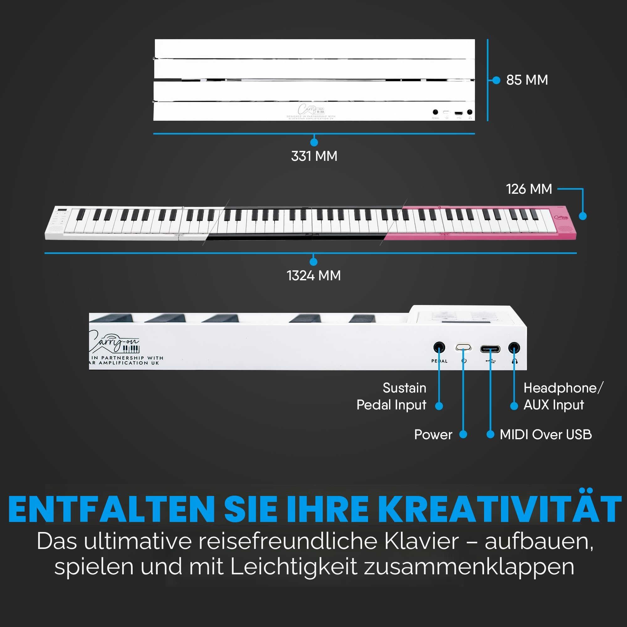 BLACKSTAR Zusammenklappbares, tragbares Klavier von Blackstar | 88 Tasten Tragbares Klavier mit eingebautem USB-Akku und MIDI über USB 128 Klänge Klaviertastatur 1,6kg, 33cm, BA203010