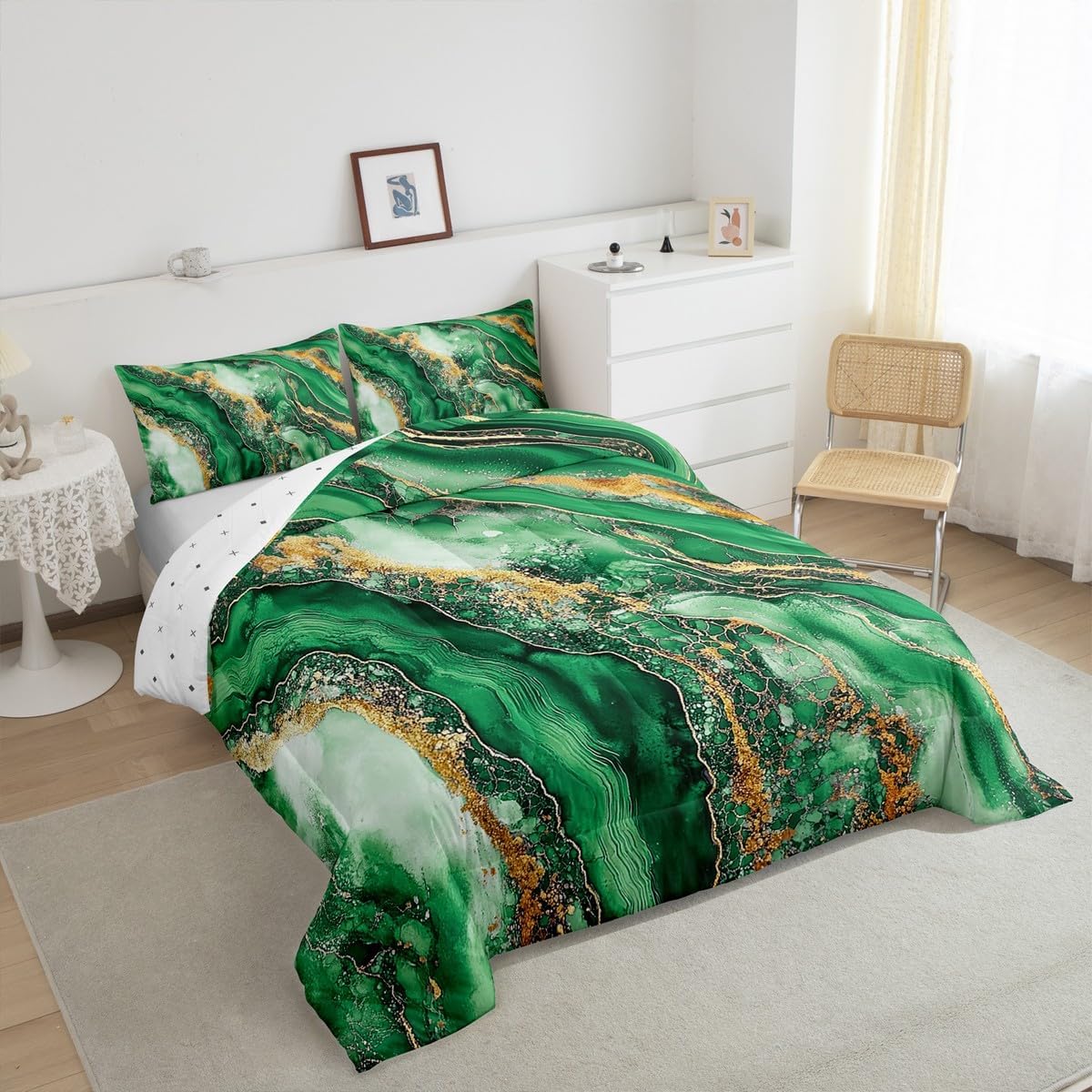 Erosebridal Marble Texture Bedding Set,Green Golden Marble Grain Comforter Set Twin Size for Kids Boys Girls,Watercolor Tie Dye Down Comforter,Abstract Bed Set for All Season