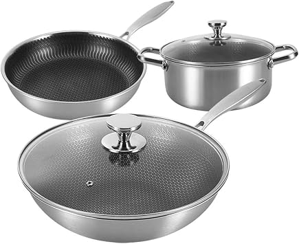 Toutrop 3-Piece Hybrid Stainless Steel Cookware Set-12 Inch Wok,11 Inch Frying Pan,10 Inch Saucepans with Tempered Glass Lid,Induction Nonstick Skillet,Compatible with All Cooktops