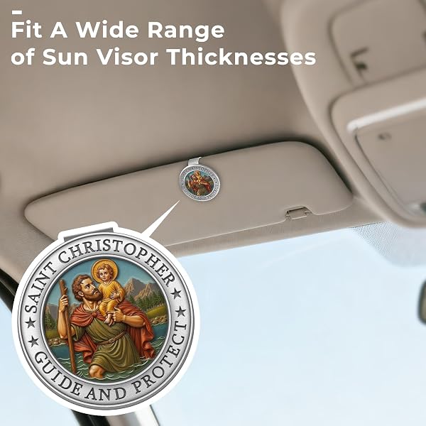 Médaille Saint Christophe pour voiture, attaches pare-soleil en médaillon Saint Christophe - Décoration automobile - Accessoires de sécurité pour nouveaux conducteurs - Cadeau pour la famille - 2