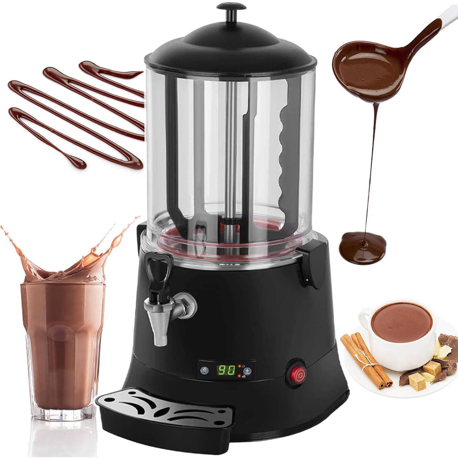 Machine à Chocolat Chaud Professionnelle 5 L, Appareil à Boissons chocolatées, température réglable de 30 à 90 °C, Chauffe-Lait électrique, pour thé au Lait, Chocolat et café. Black-10L