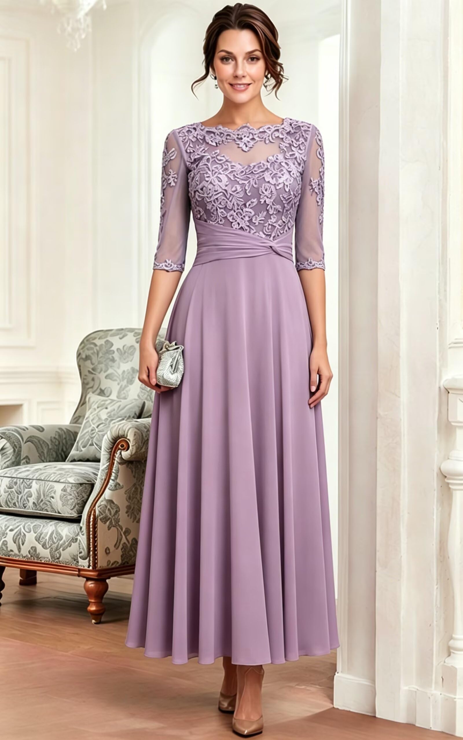 Damen Spitzenapplikationen Halbarm Chiffon Brautmutterkleider Lang A-Linie Abendkleider Elegant Für Hochzeit