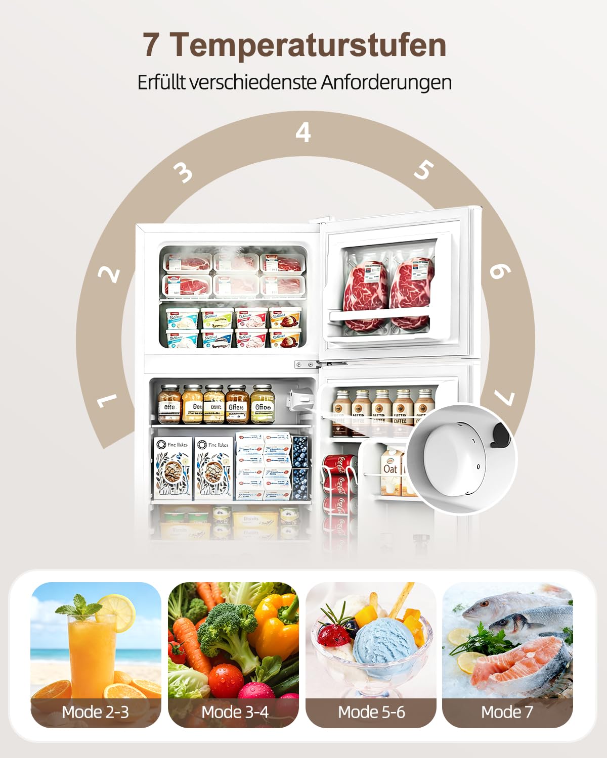 WELLENT 127L Kühlschrank mit Gefrierfach - Kompakter Zweitürer mit LED-Beleuchtung, 7-Stufigem Thermostat, Extrem Leise und Energieeffizient, ideal für Wohnheimzimmer& Büro