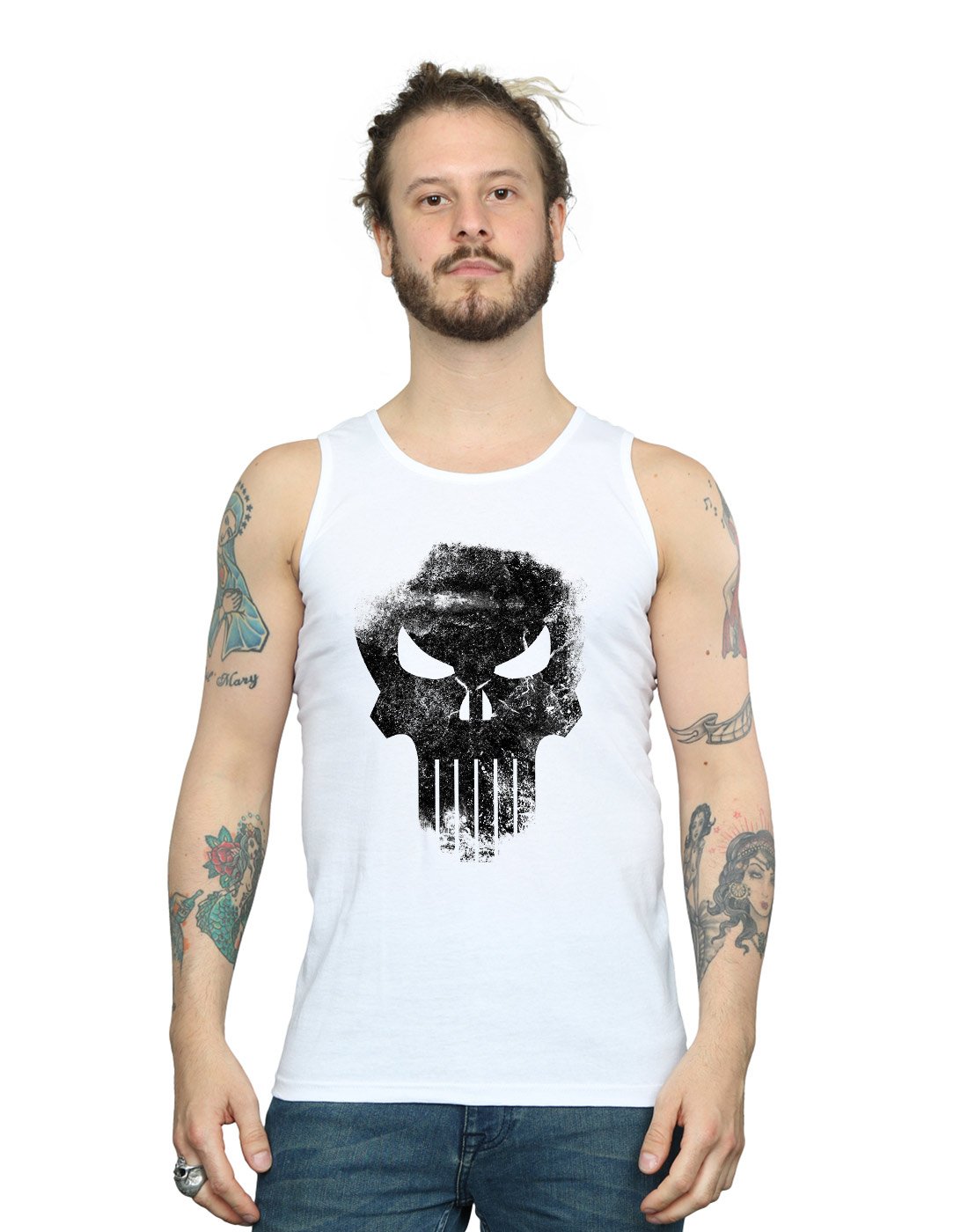 Absolute Cult Men's White Marvel The Punisher Distrressed Skull Vest X-Large