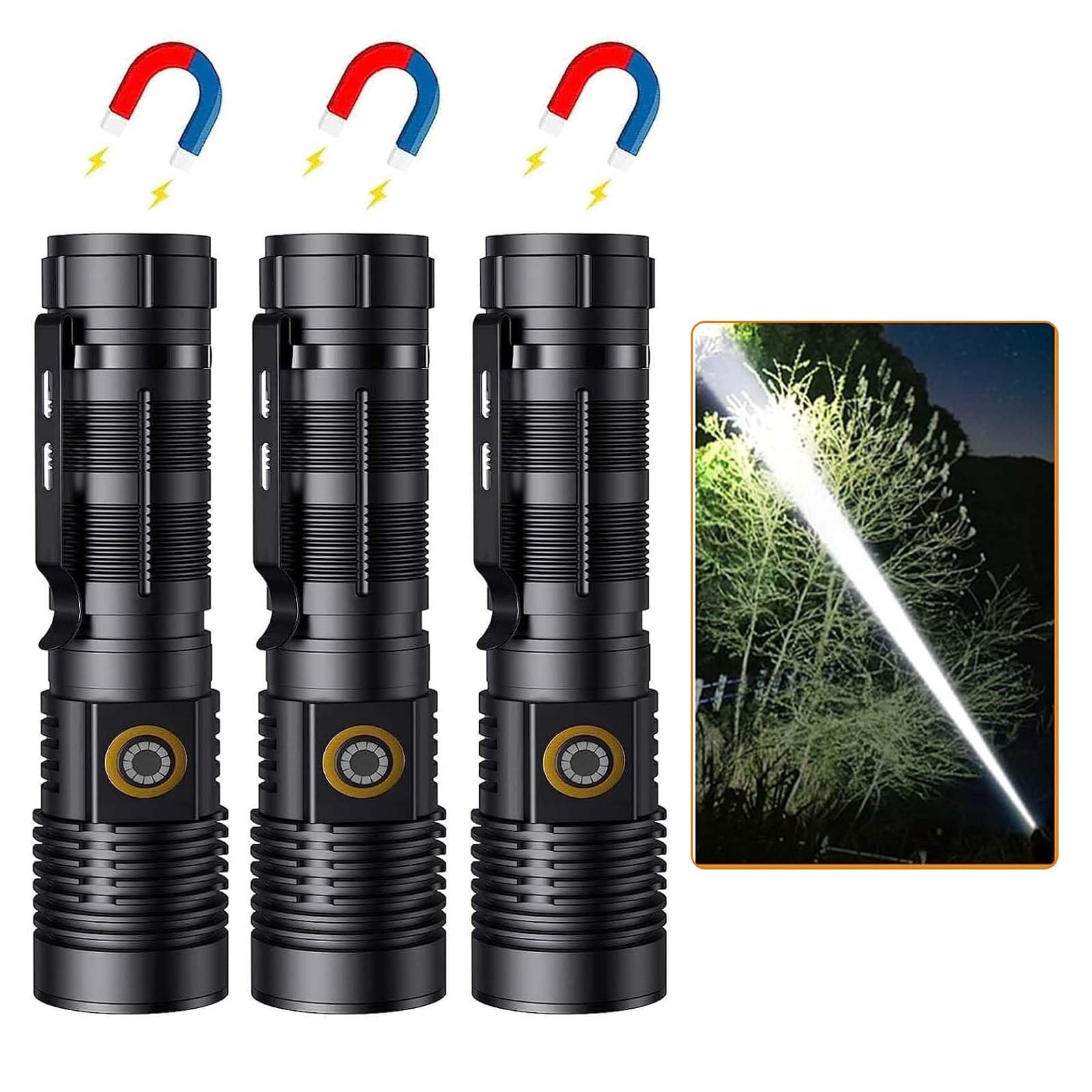 Photo 1 of Hoxida LED Rechargeable Flashlights High Lumens - 1500 Meters Long Beam Super Bright LED Magnetic Flashlight USB Zoomable 5Modes Small Long Beam Spotlight Flashlight for Hiking, Camping, 3pcs