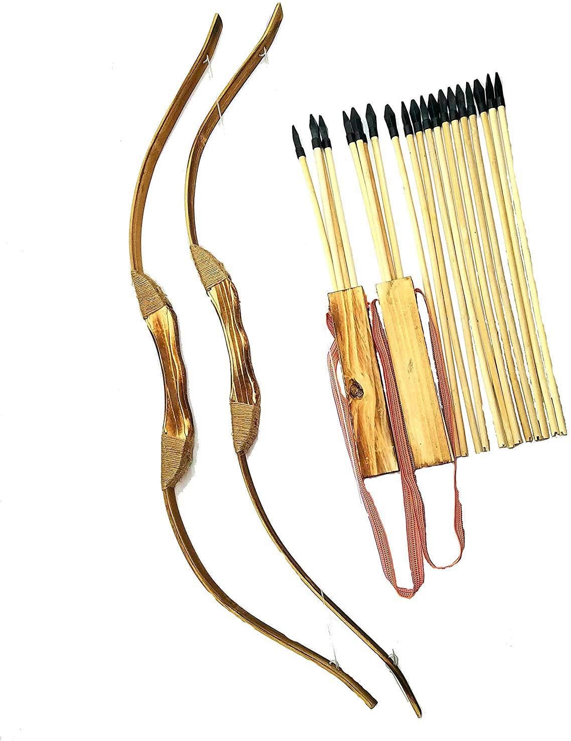 2-Pack Handmade Wooden Bow and Arrow Set-24 Wood Arrows and 2 Quiver.