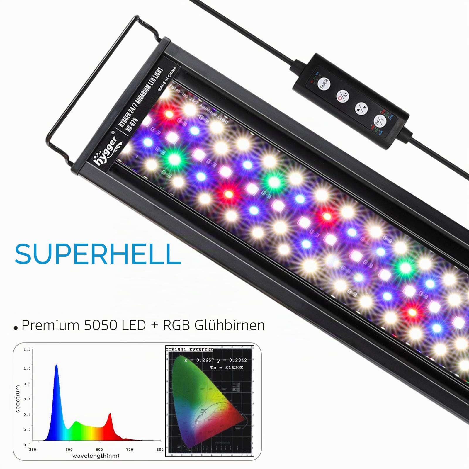 hygger Aquarium Beleuchtung Zyklus 24/7 Aquarium licht mit Timer,26W Vollspektrum Aquarium LED Beleuchtung Lampe mit Ausziehbarer Halterung,7 Farben,Sonnenaufgang-Tageslicht-Mondlicht