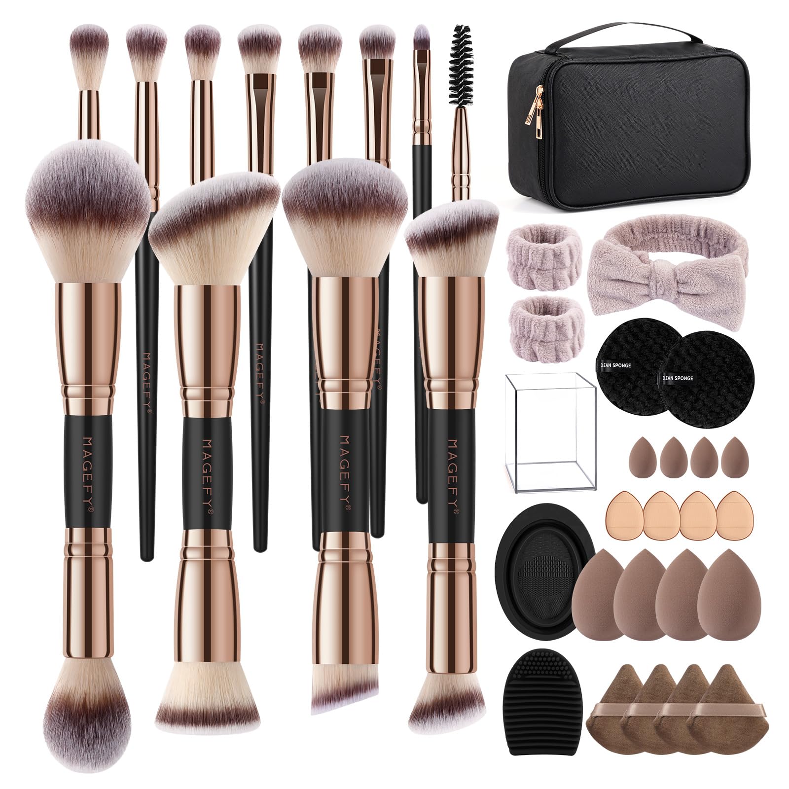 MAGEFY Set di pennelli da trucco multifunzione, 37 pezzi, con doppia estremità, per cipria, fard, ombretti, set di pennelli da trucco, colore oro nero