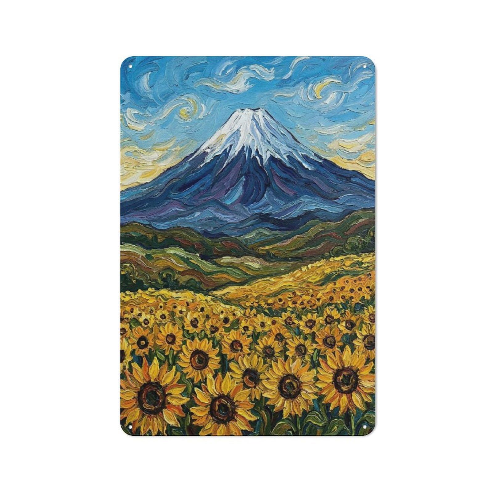 Junmoney Style-22 Modern Vintage Mount Fuji And Sunflowers Painting Office Metal Sign 30X20cm, Creative Space Decor For Hobby Room, Office, Lounge Or Living Room