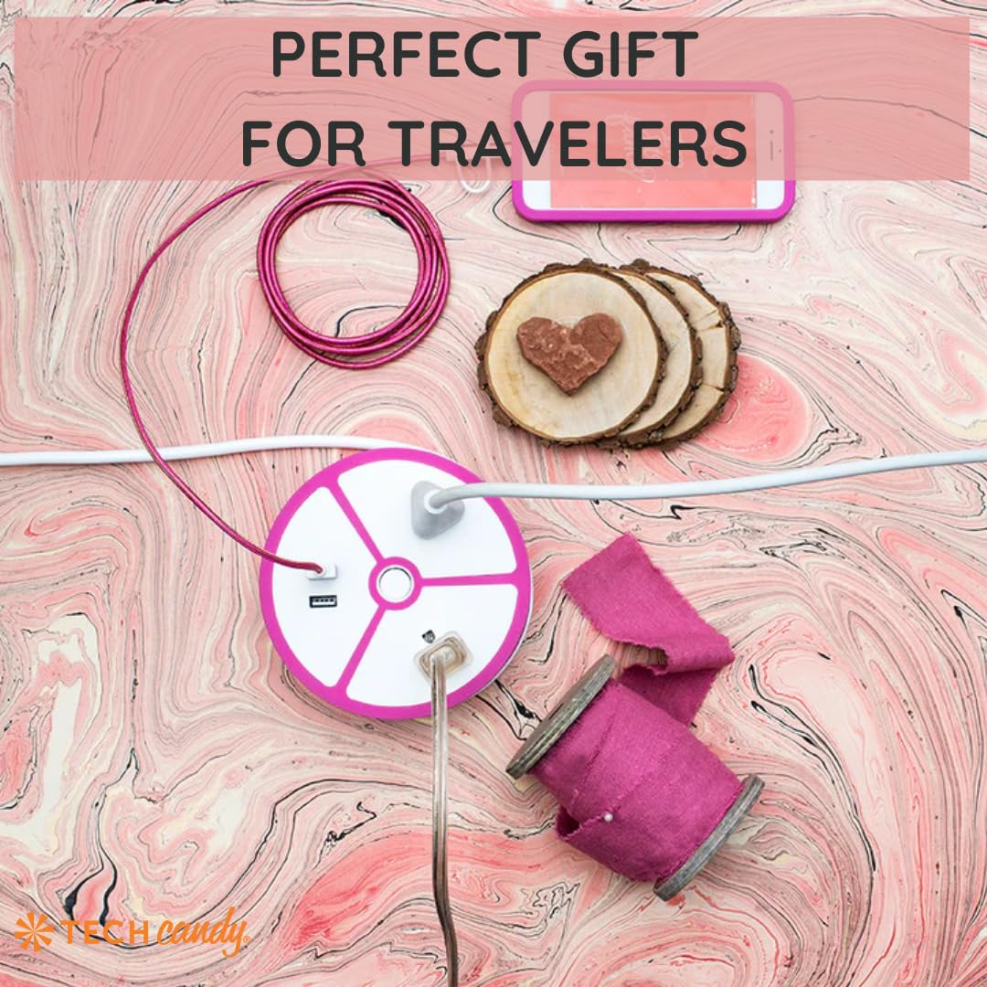 Tech Candy Power House Charging 2 USB Ports, 2 Outlet Plugs, Smart Technology, Fast Trendy Design, 6 ft Cord, Extension Cord Organizer Power Strip Surge Protector Pretty Pink