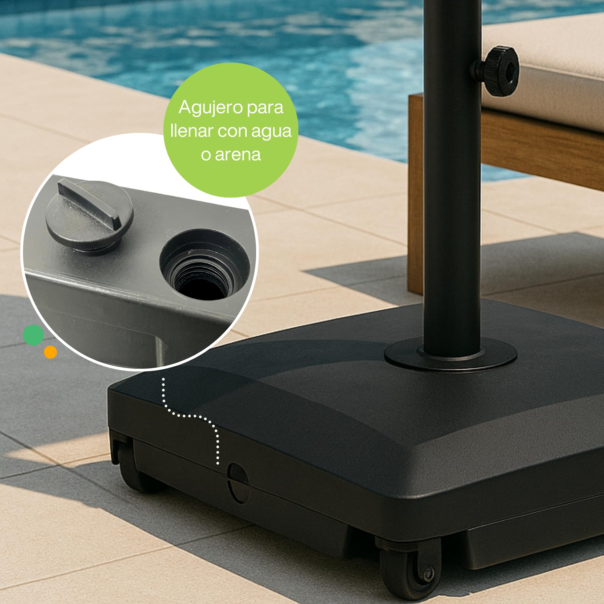 UNIGARDIA Base Sombrilla Terraza Exterior 40 kg - Pie Sombrilla Jardín rellenable con Agua o Arena - Base Sombrilla con Ruedas - Apto Mástiles 32/38/48 mm - Diseño resistente al Viento 49,5x49,5x10 cm