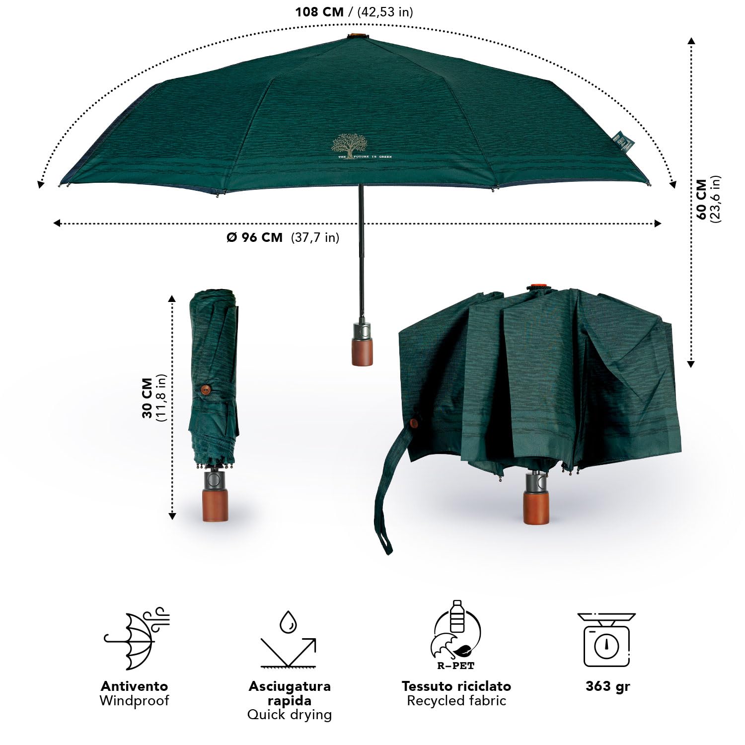 PERLETTI GREEN Składany Parasol Męski Automatyczny Przyjazny Środowisku - Parasolka Organiczna Ekologiczna Uchwyt z Drewna - Kompaktowe Małe Parasole Wiatroodporne - Średnica 96 cm