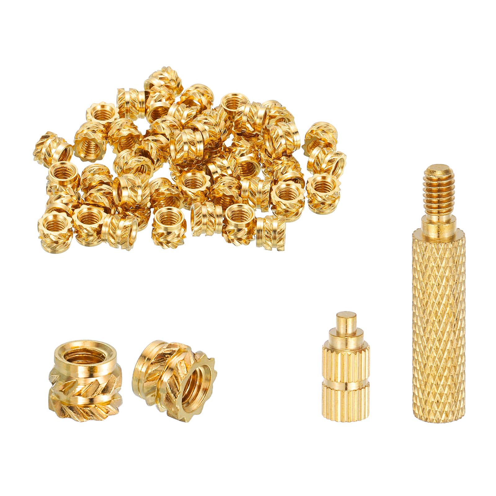 sourcing map 50 Pcs Threaded Inserts with Soldering Iron Tip Press Tool, M3 x 4mm H x 5mm OD Brass Metric Knurled Nuts Heat Set Inserts Embedment Nut for 3D Printing Plastic Parts