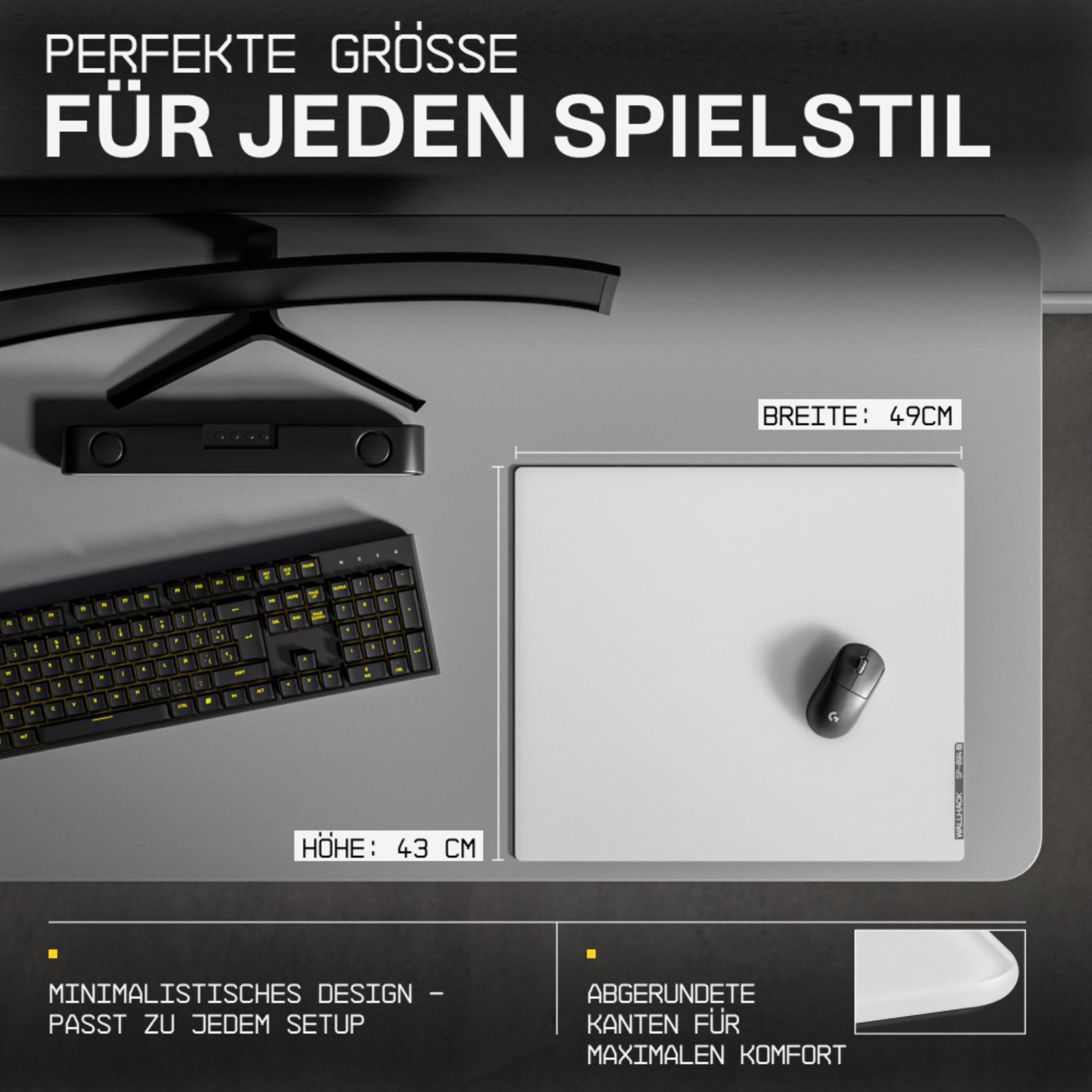 Wallhack SP-004 Glas Gaming Mousepad Professionelles Esport mit Spezialoberfläche für maximale Geschwindigkeit und Kontrolle,großes GlasPad vollständiger Silikonbasis - Weiß,XL 49 cm x 43 cm