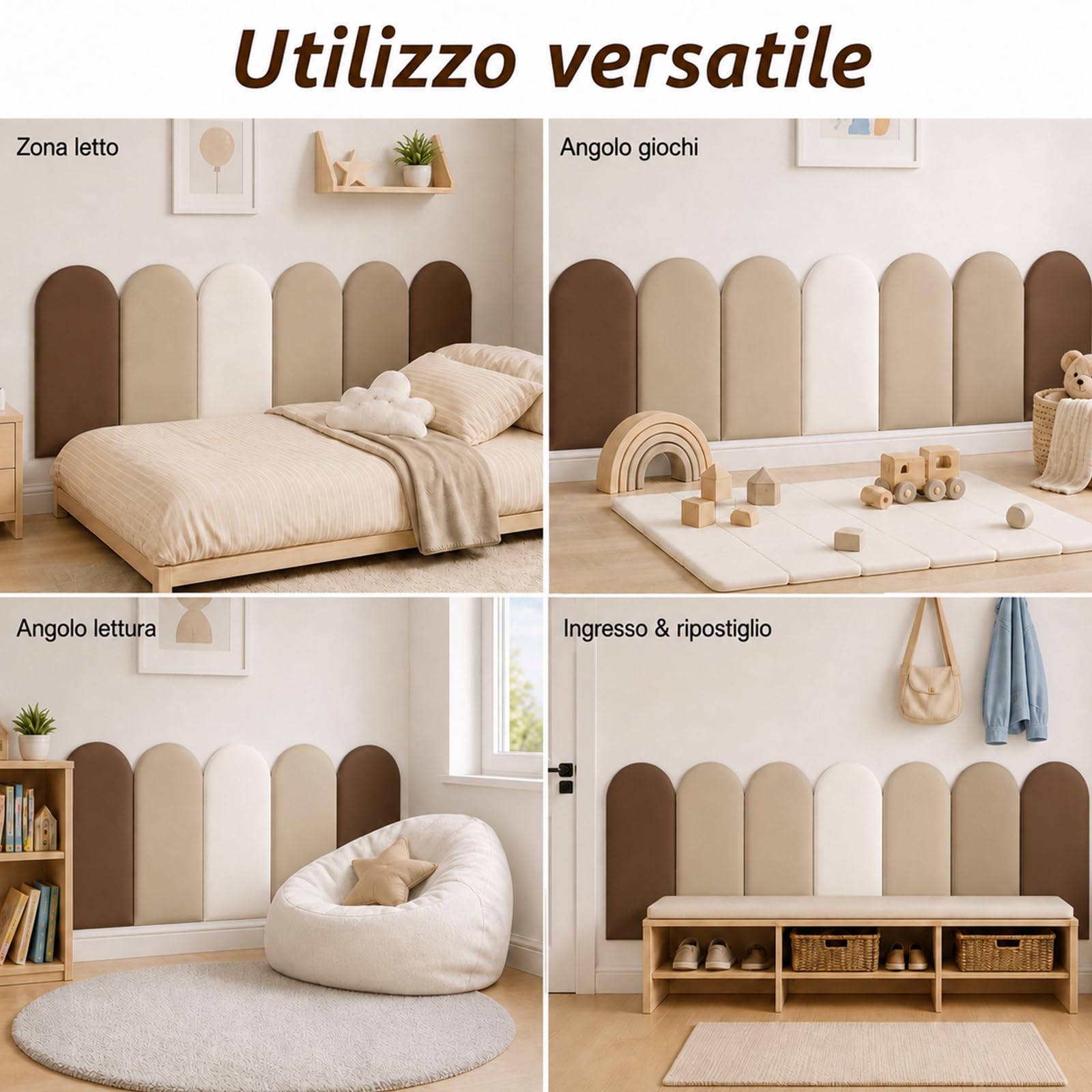 Pannelli da parete 3D, cuscinetti da parete autoadesivi, 4 pezzi, 20 x 40 cm, in poliuretano, impermeabili, per camera da letto, cameretta dei bambini (marrone caffè)