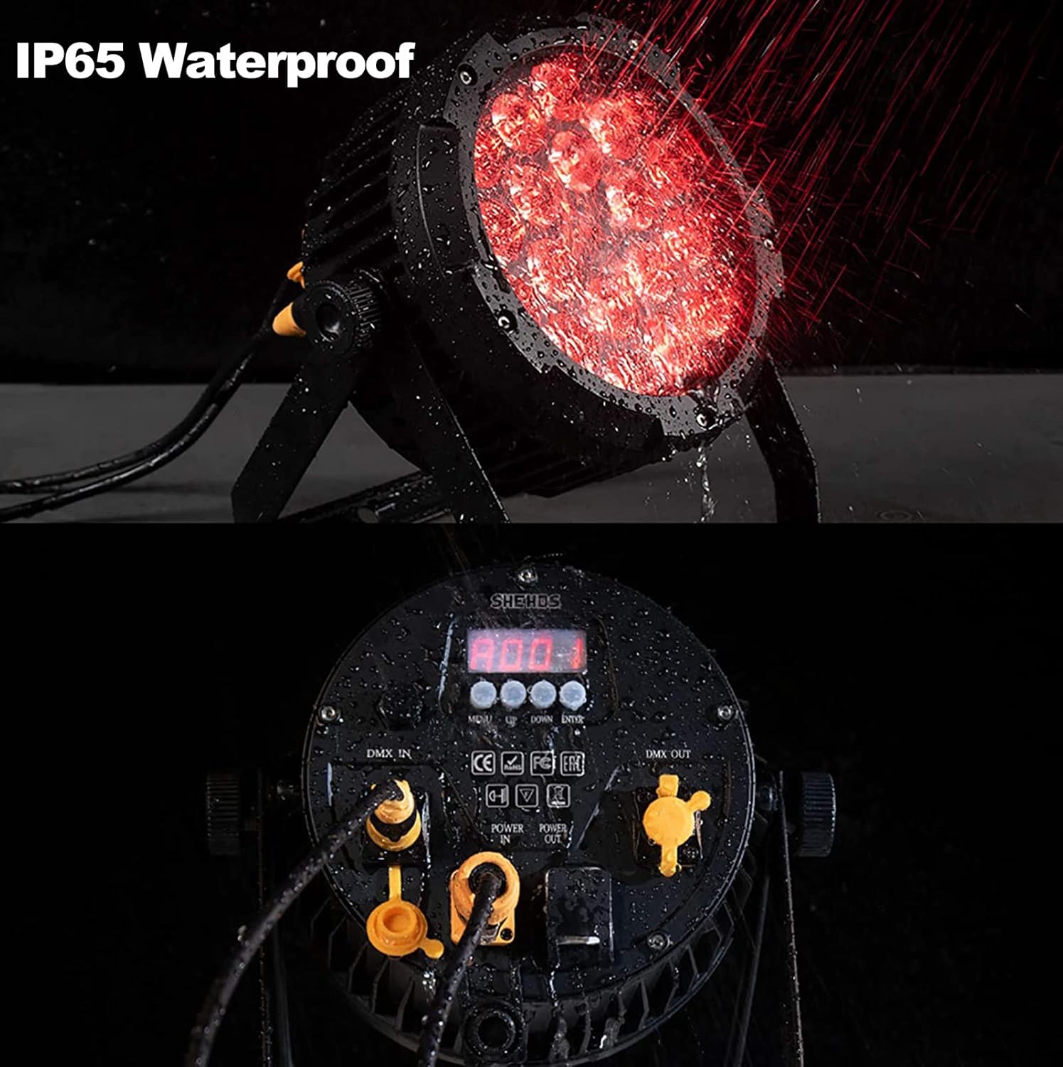 SHEHDS Par Light control panel with water droplets, indicating IP65 waterproof rating