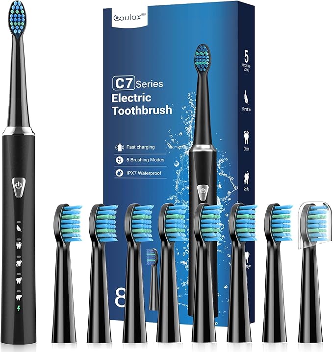 Cepillos de Dientes Electricos Sónico Adultos con 8 Cabezal - Cepillo Electrico con Estuche de Viaje, 5 Modos y IPX7, Cepillos de Dientes Eléctricos Ultrasónicos para Mujer Hombres, Negro Oscuro