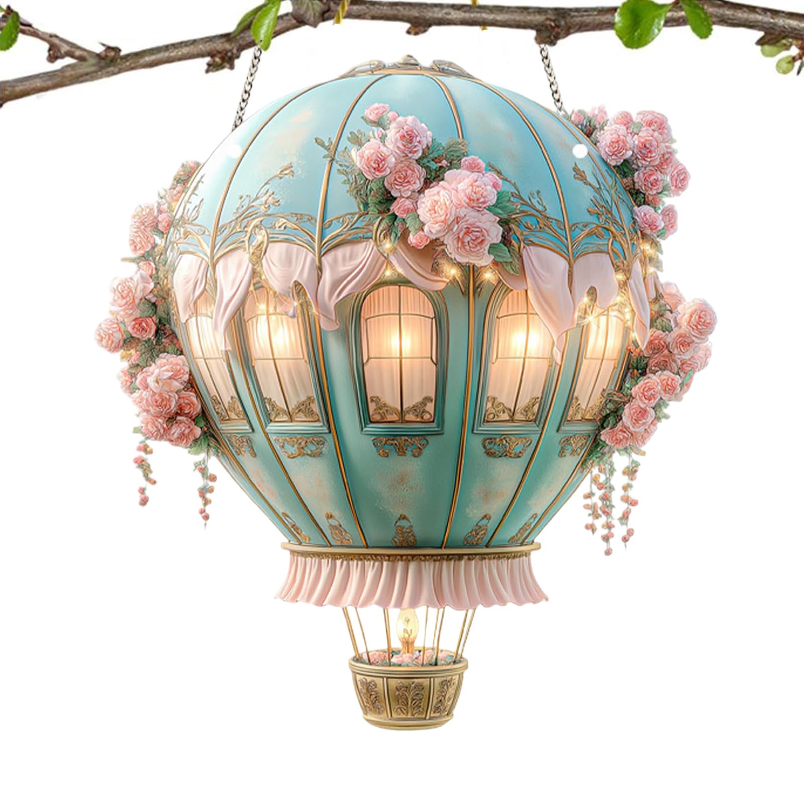 Hot Air Balloon Solar Garden Light, 2D Acrylic Solar Hanging Light with Flickering Flame, Waterproof Outdoor Decorative Lamp for Window Panel Garden Kitchen Living Room Porch Patio (Green)