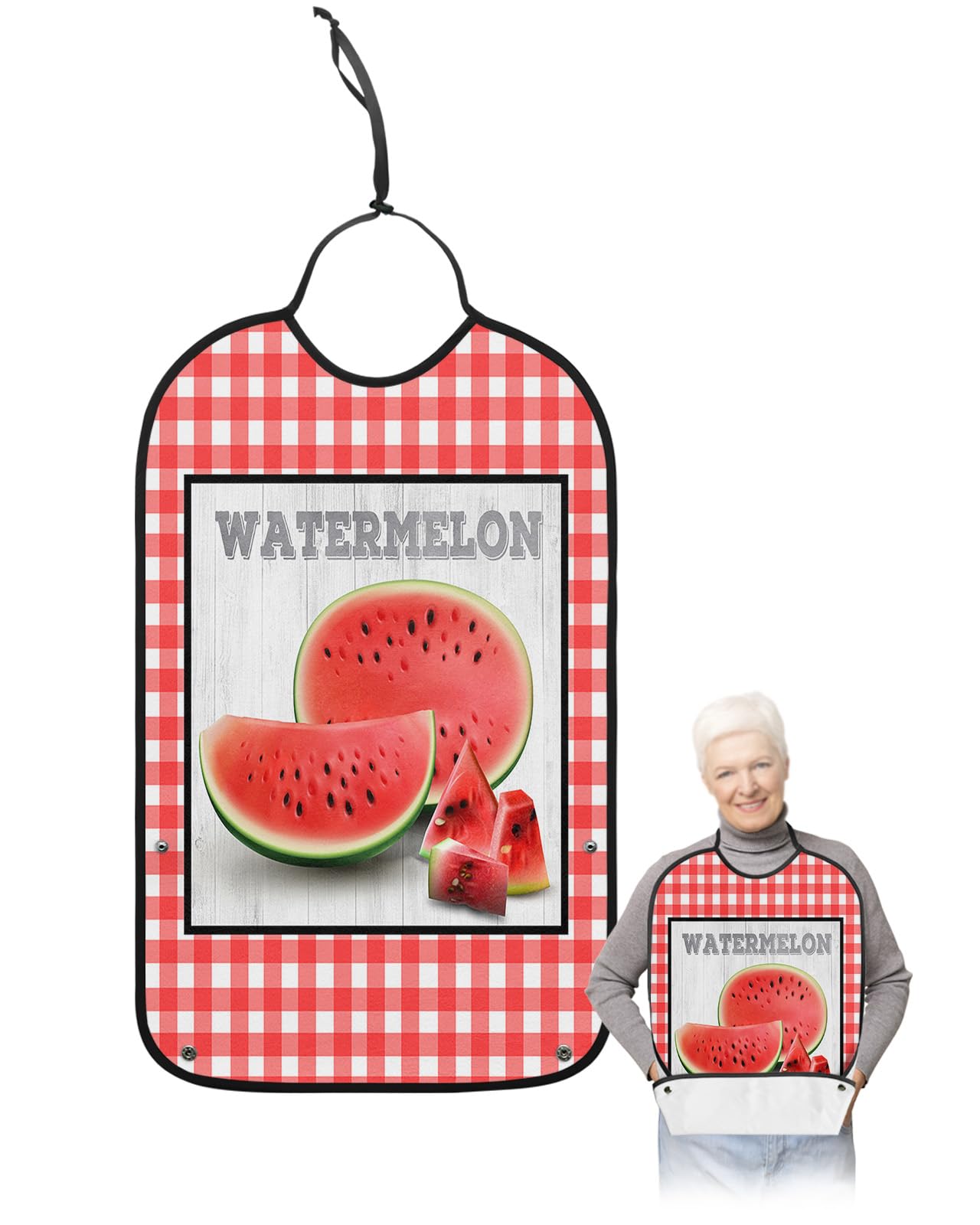 LEOKOTI Summer Watermelon Adult Bibs for Eating, Waterproof Bibs with Food Catcher & Adjustable Snap Closure, Red Plaid Rustic Wooden Washable Clothing Protectors Adult Bibs for Elderly Women/Men