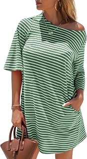 Women's Summer T Shirt Dress Casual Short Sleeve Loose Striped Mini Dresses 2025 Vacation Beach Sundress Pockets