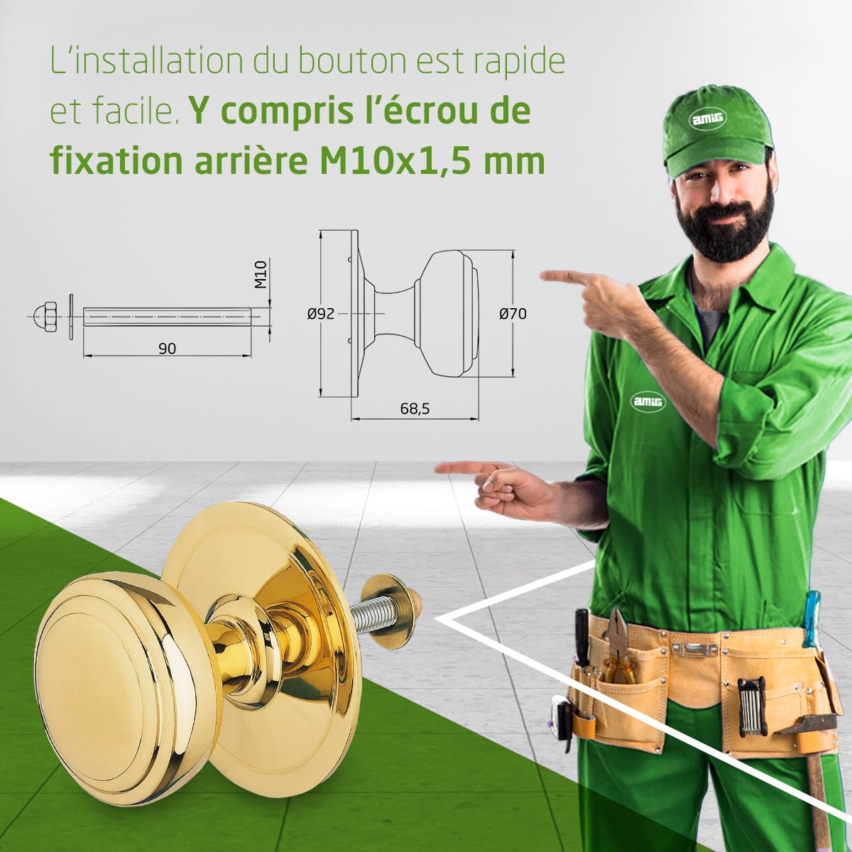 Amig - Modèle 12 Bouton de portes d’entrée extérieures en laiton poli | Diamètre poignée 70 mm Hauteur 68,5 mm | Facile à installer - Écrou de fixation inclus