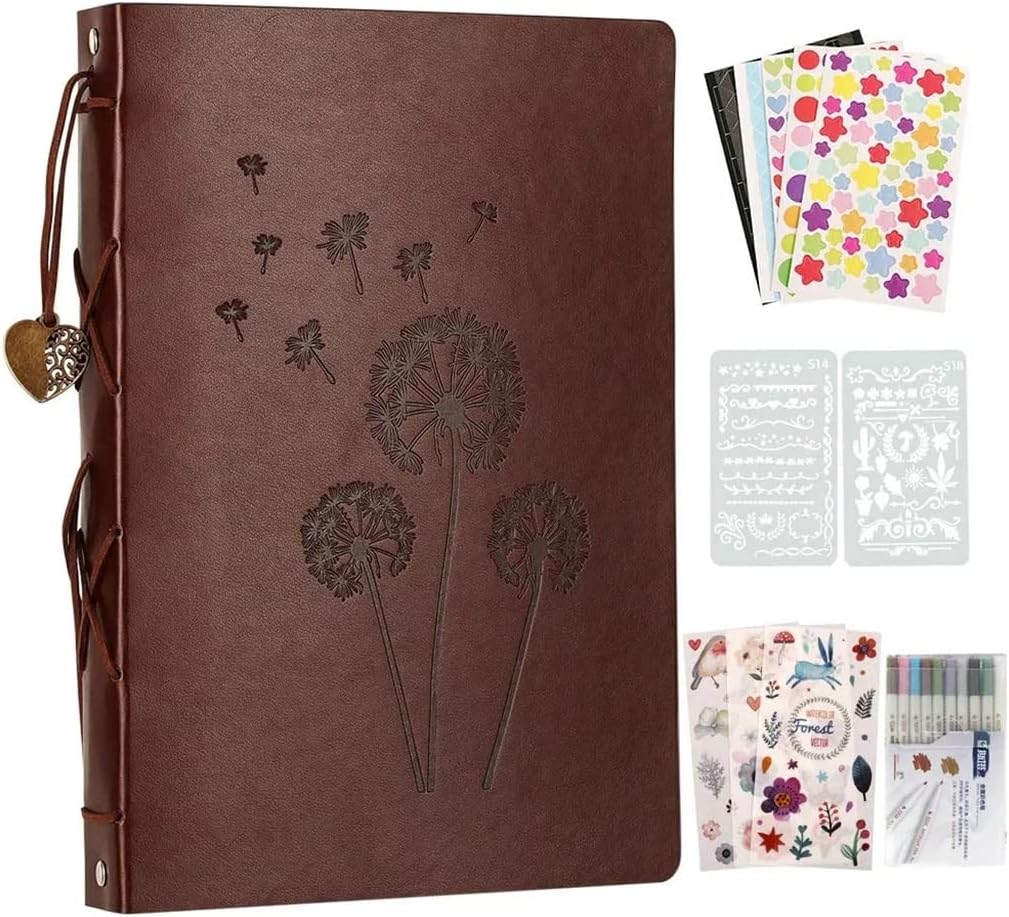 JSEIAJB Photo Album Scrapbook 60 Black Pages Refillable Leather Scrap Book Memory Books Guestbooks DIY Kits(E)