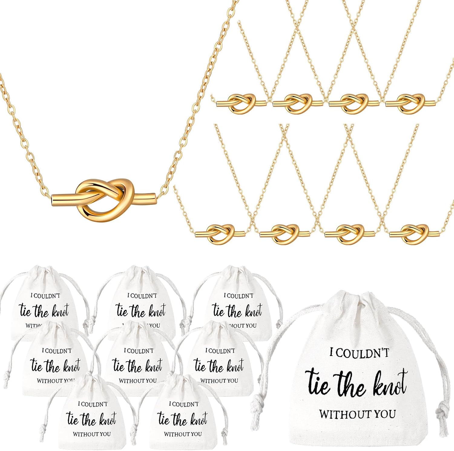 Tondiamo 8 Sets Bridesmaids Proposal Gifts Bridesmaids Pendant Necklace and Linen Cotton Small Drawstring Bags I Couldn't Tie the Knot Without You Jewelry Gifts for Wedding Bridal Party