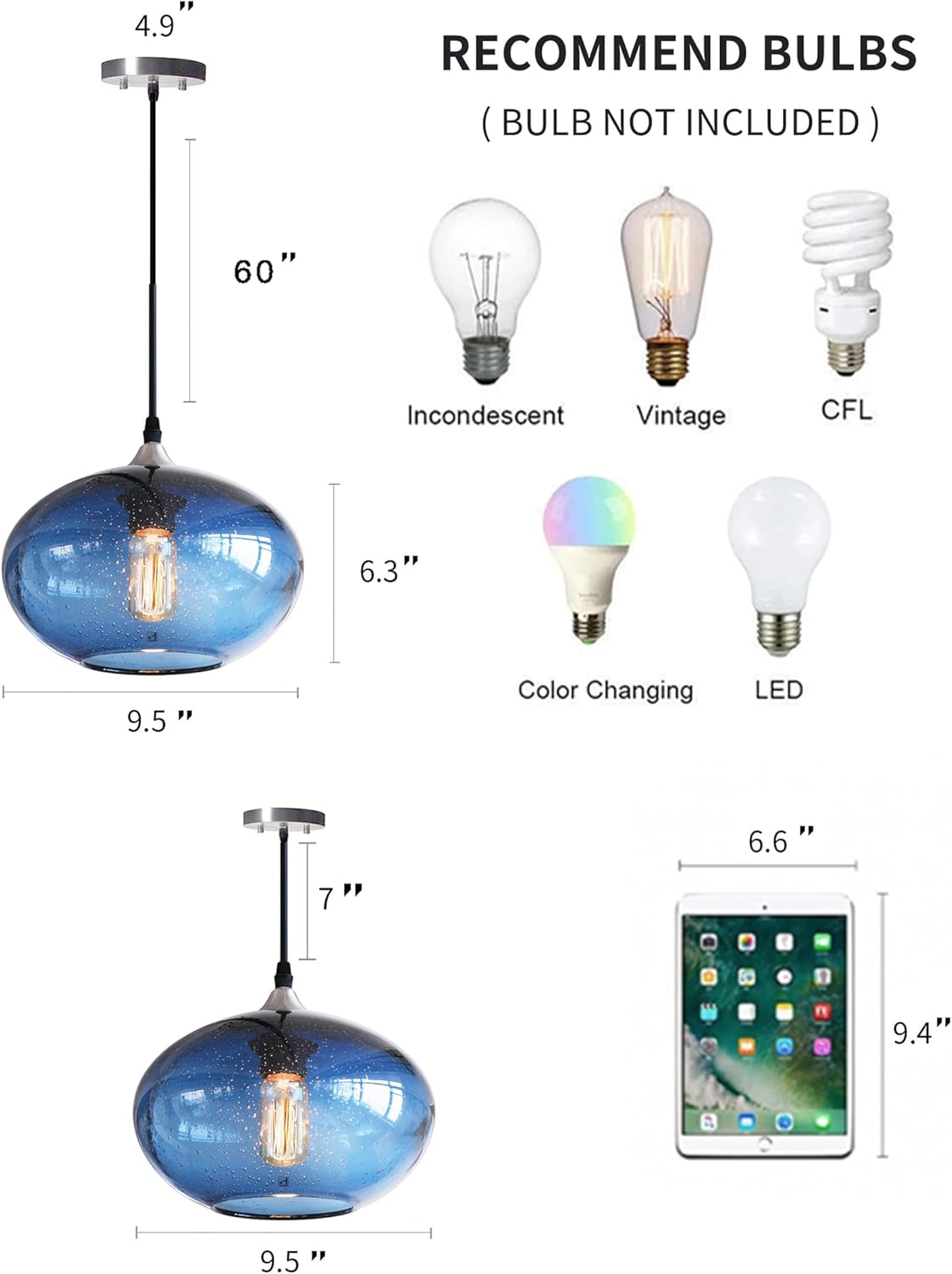 ARIAMOTION Pendant Lighting for Kitchen Island Blue Glass Modern Hanging Light Fixtures Seeded Bubble Over Sink 9.4 Inch Diam