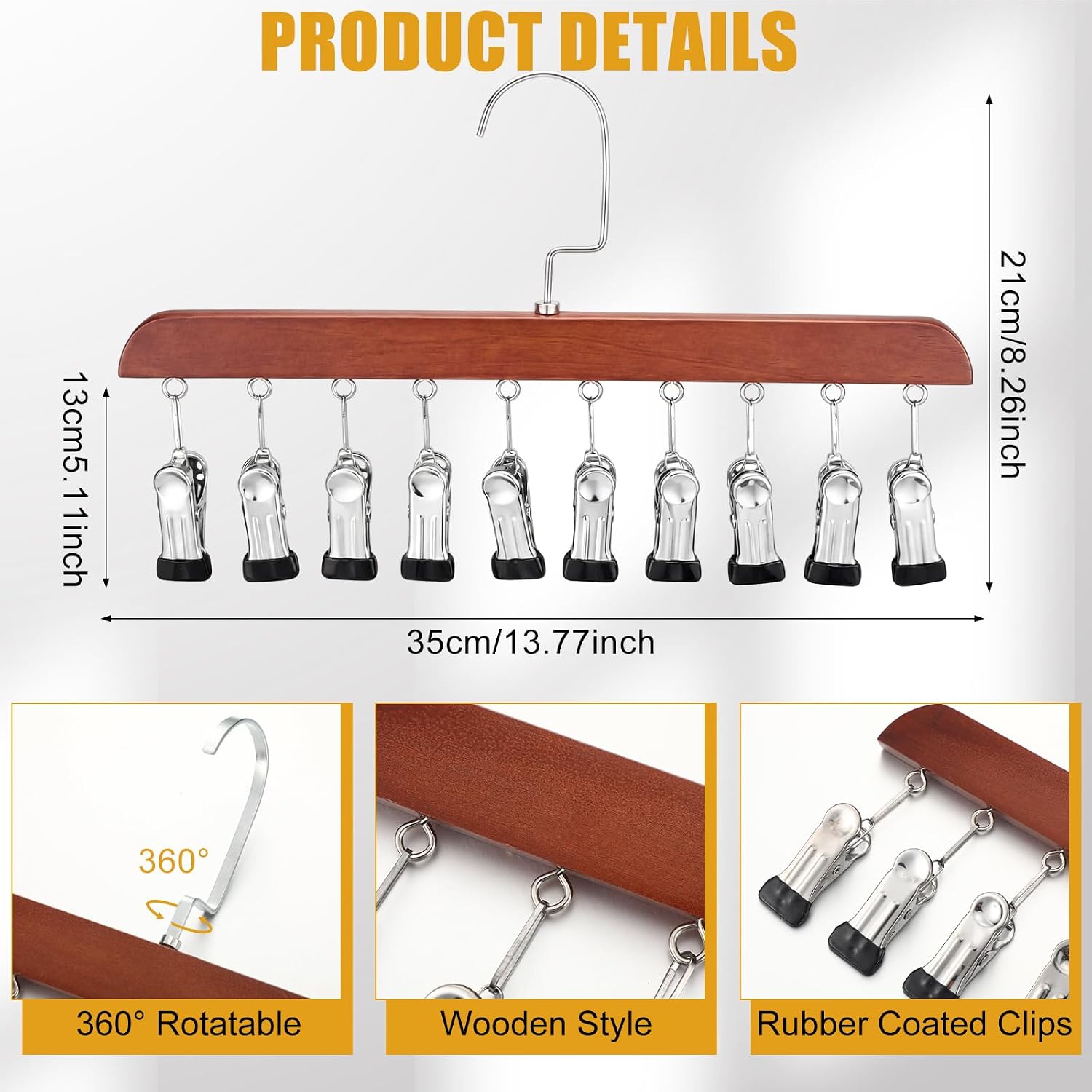 Novabright 2 Pcs Closet Organizer with 10 Clips Wooden Hat Rack for Closet, Space-Saving Hanging Organizer, Multipurpose Storage Display Accessory for Beanies, Ties, and Socks (Brown)