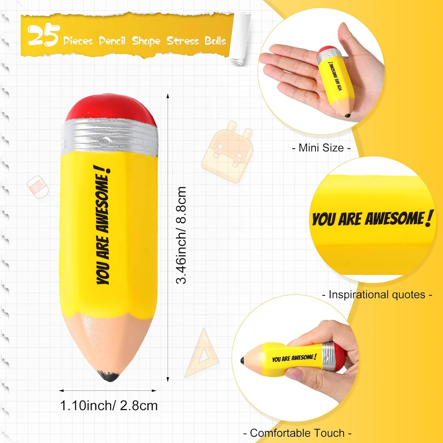 Jenaai 50 Pcs Motivational Pencil Stress Balls for Teacher You are Awesome Squeeze Balls Funny Mini Stress Relief Toy for Teacher Coworkers Employee Prizes Reward